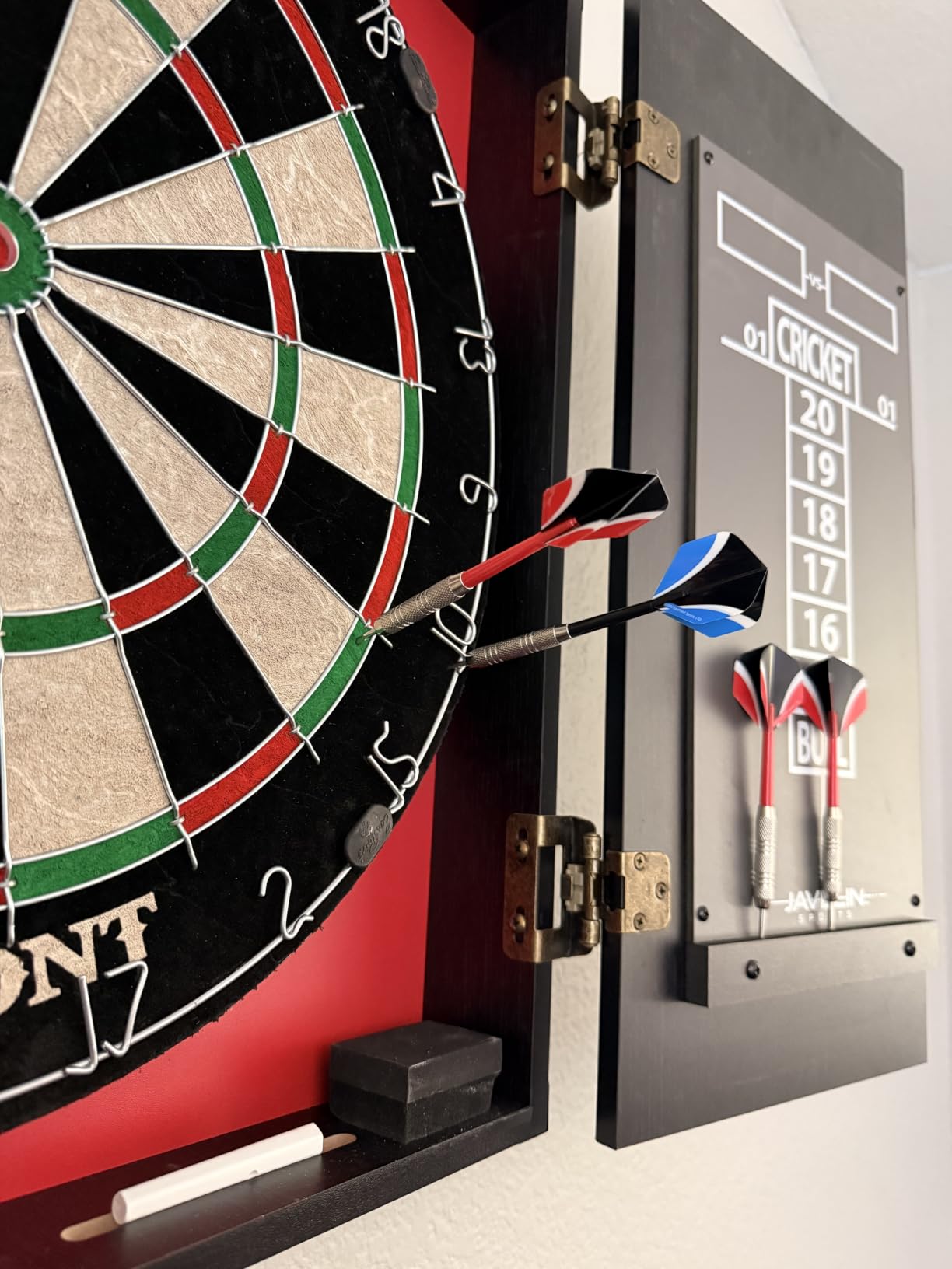 EastPoint Belmont Dart Board Cabinet, 6 Steel Tip Darts, Game Room Decor | Official Size, Self-Healing Sisal, Staple-Free Bullseye, Built-In Scoring & Storage, Man Cave Decor, For Family Game Nights customer photo 2
