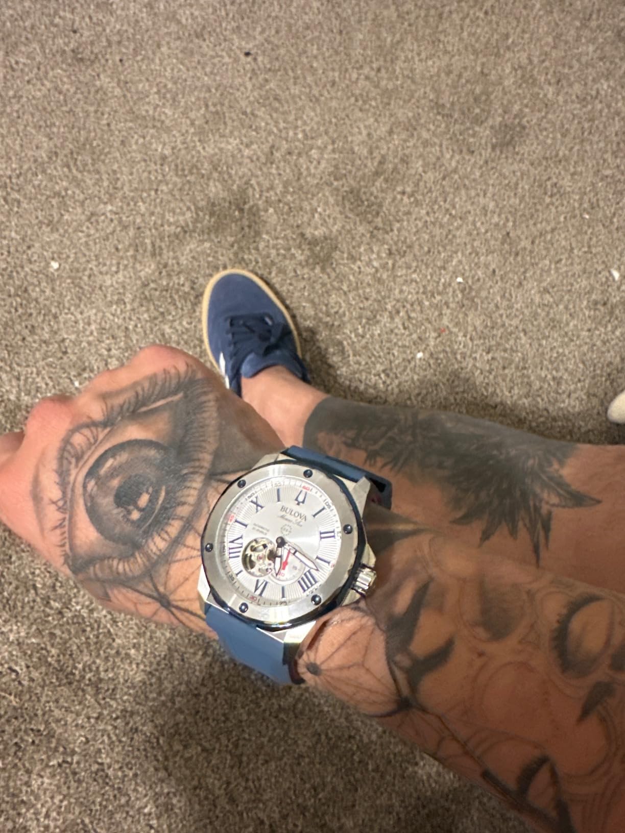 Bulova Men's Marine Star 'Series A' Automatic Stainless Steel Case with Blue Textured Silicone Strap, Open Aperture, Silver White Dial Model: 98A225 customer photo 1