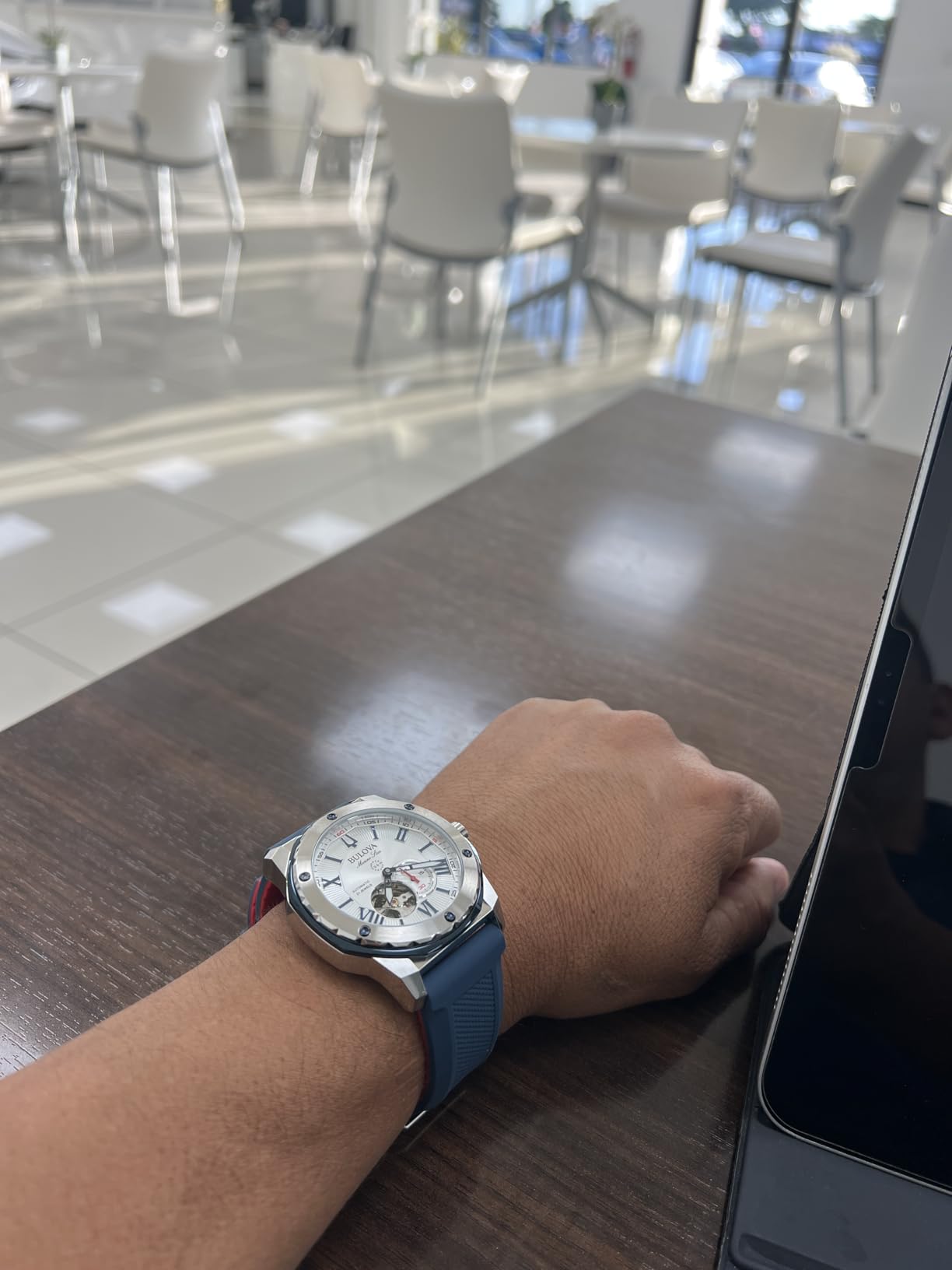 Bulova Men's Marine Star 'Series A' Automatic Stainless Steel Case with Blue Textured Silicone Strap, Open Aperture, Silver White Dial Model: 98A225 customer photo 2