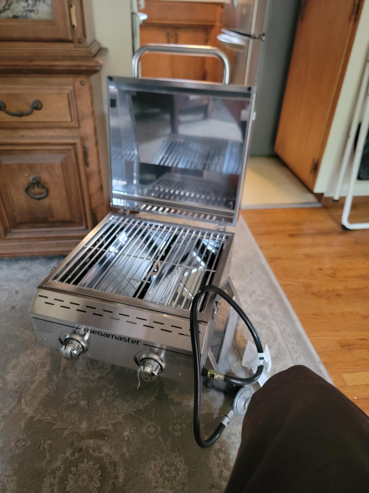 Megamaster Tabletop 2 Burner Gas Grill, Stainless Steel with Foldable Legs | Offers 16000 BTU, Built-In Thermometer, 199 Sq In Cooking Space, Use with Standard 20 lb tank, For Camping & Tailgating customer photo 1