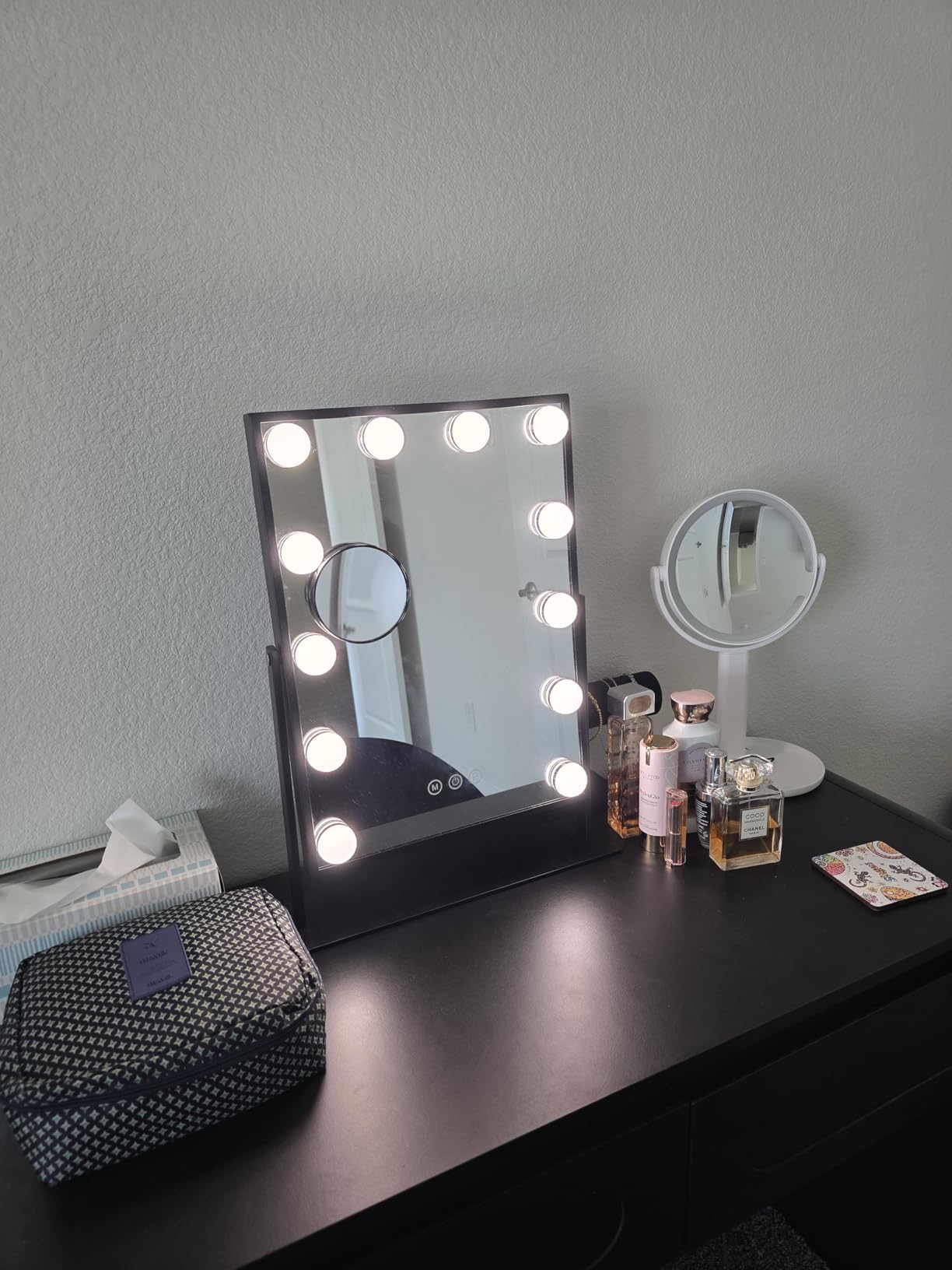 FENCHILIN Vanity Mirror with Lights, 19''x12'' Makeup Hollywood Mirror for Desk with 12 Bulbs Light Smart Touch Control 3 Colors Dimmable Detachable 10X Magnification Tabletop 360°Rotation customer photo 2