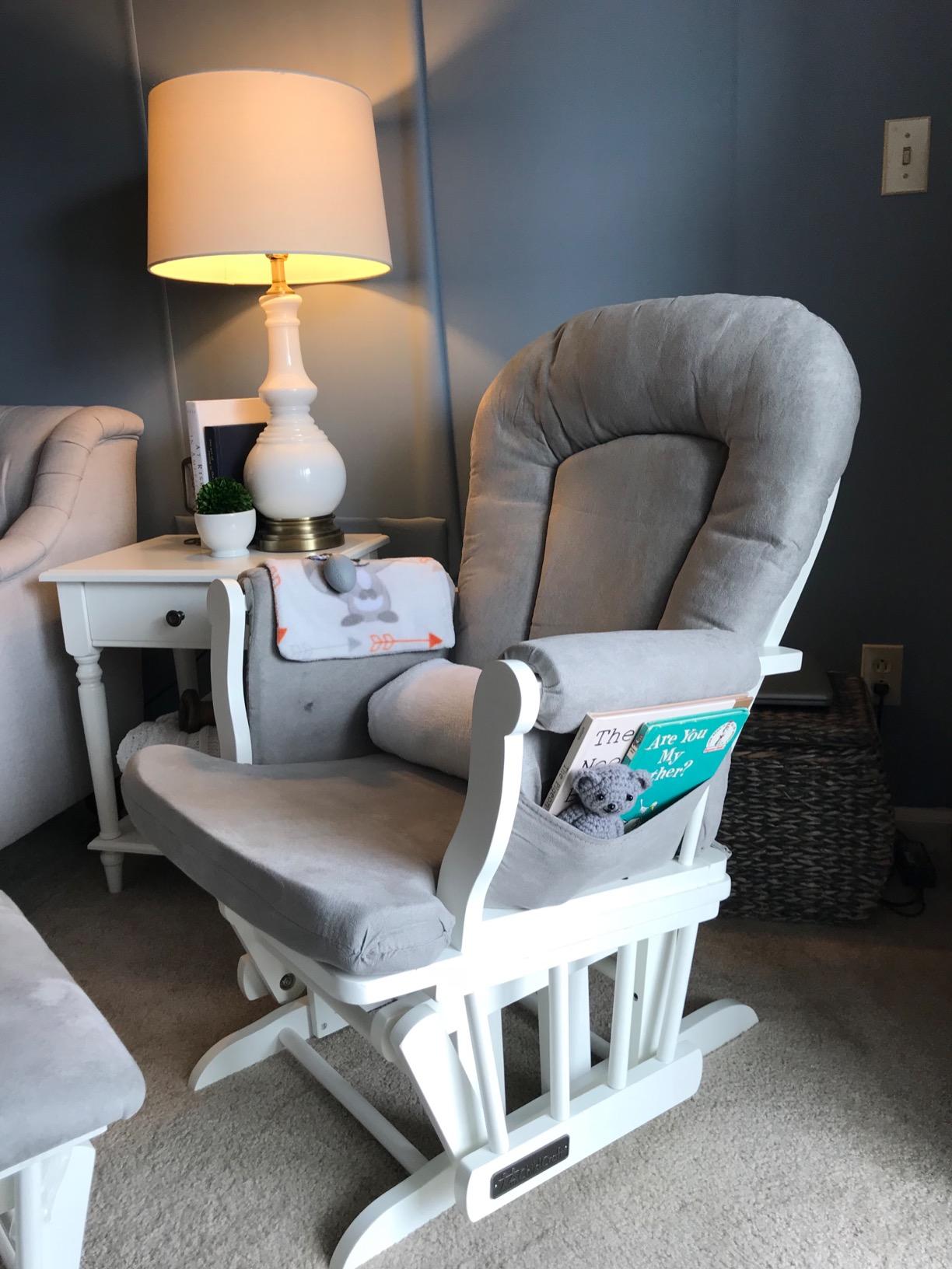 Child Craft Cozy Glider Rocker and Ottoman Set, Smooth Quiet Gliding Motion, Padded Cushion with Convenient Storage Pockets, Solid Wood Base & Frame (Dapper Gray with Light Gray Cushion) customer photo 2
