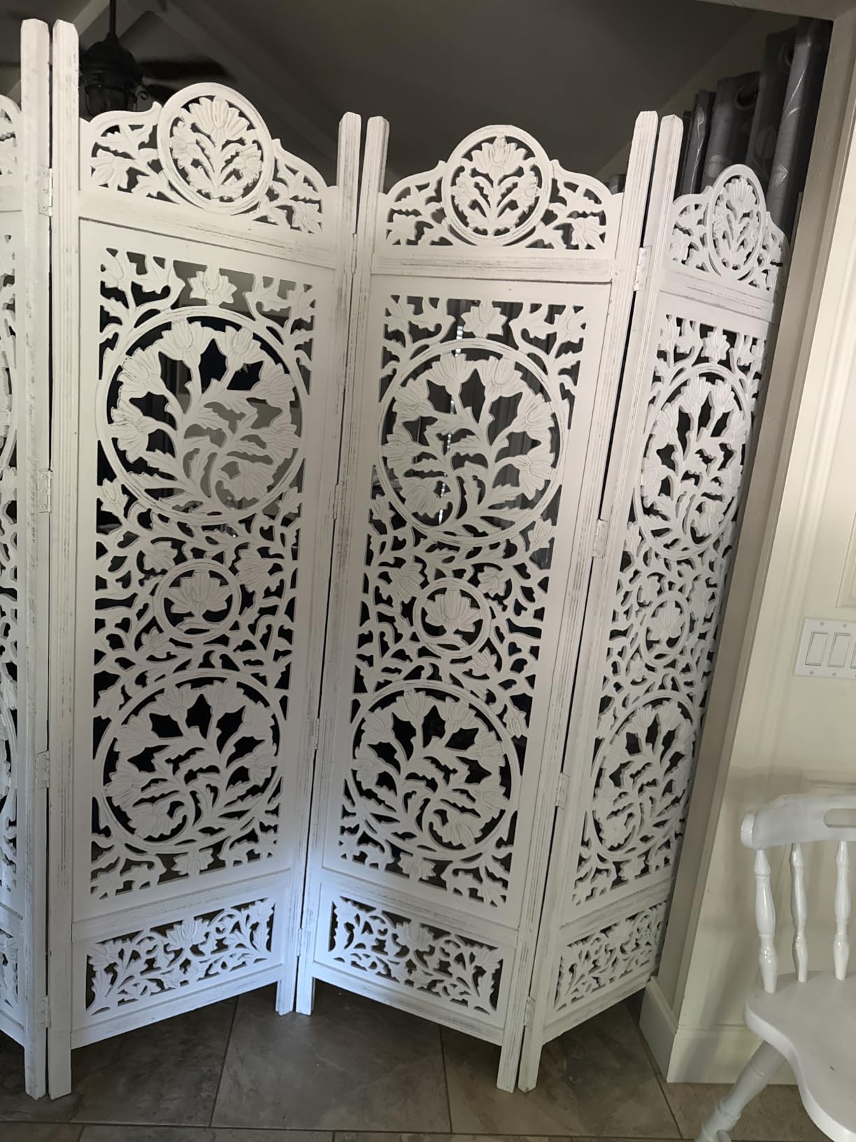 COTTON CRAFT Room Divider Wood Screen - Hand Carved Folding 4 Panels 72x80 | Ghanti Bells Antique Brown - Decorative Functional Assembled Portable Partition - Reversible Boho Freestanding Privacy Screen customer photo 1