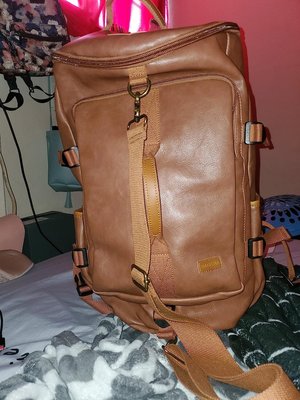 Baosha Stylish Vegan Leather Men Weekender Travel Duffel Tote Bag Backpack Travel Hiking Rucksack Overnight Bag 3-Ways Convertible HB-26 (Brown) customer photo 1