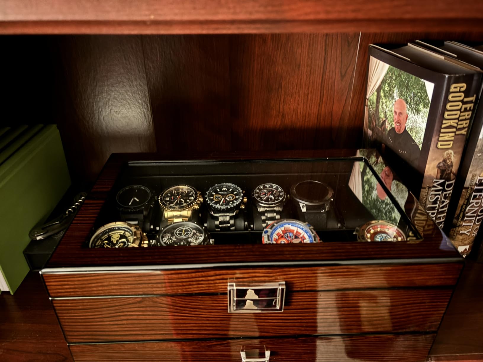 BEWISHOME High-End Watch Box 12-Slot Wooden Watch Case with Large Glass Lid, 2-Layer Watch Cases for Men, Watch Storage Organizer Holder 12Slot, Brown Red customer photo 1