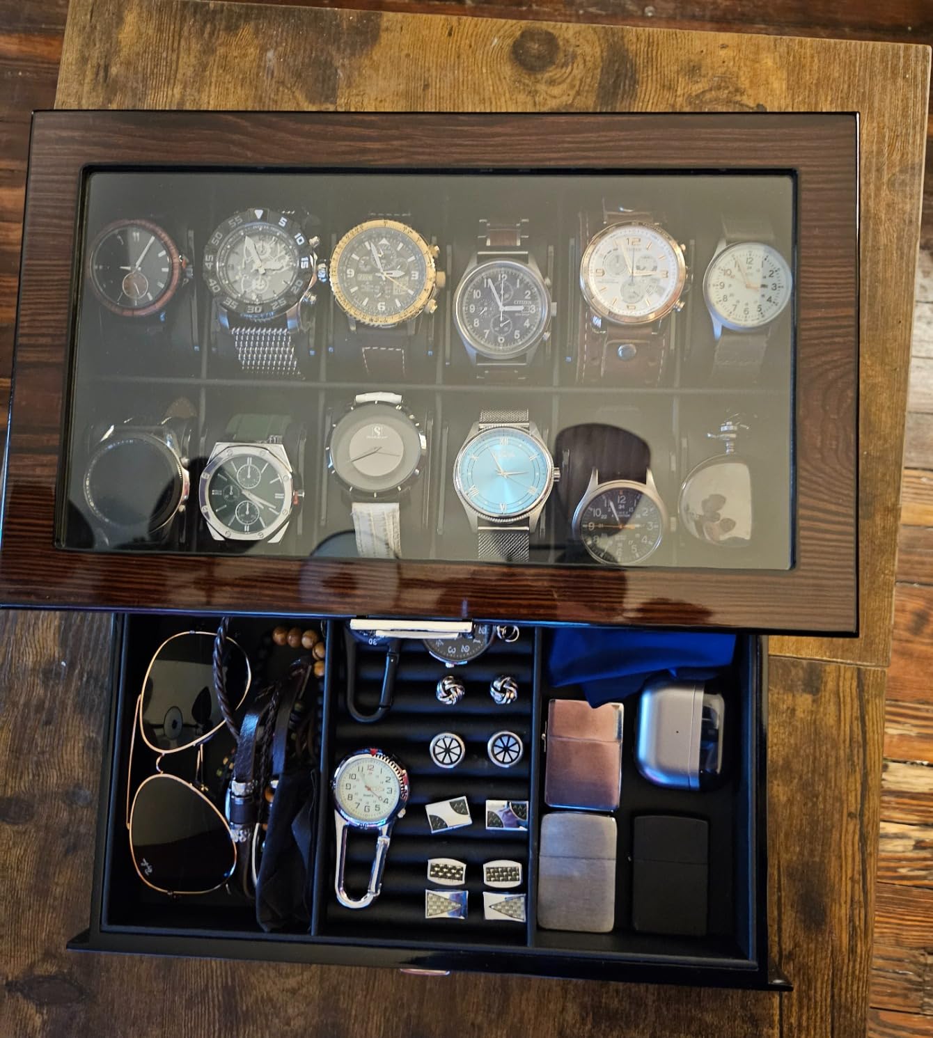BEWISHOME High-End Watch Box 12-Slot Wooden Watch Case with Large Glass Lid, 2-Layer Watch Cases for Men, Watch Storage Organizer Holder 12Slot, Brown Red customer photo 2