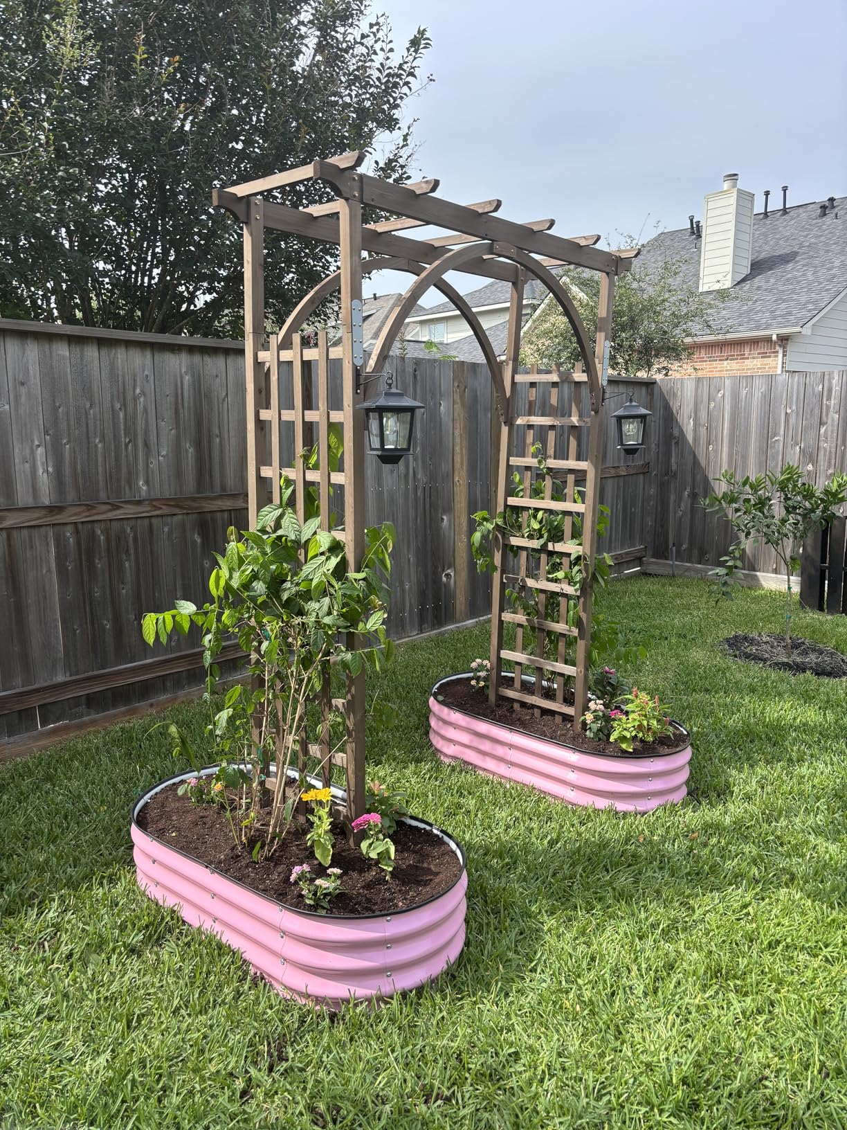 VINGLI 85in Wooden Arbor Garden Arch, Wedding Arch for Ceremony, Wood Trellis for Plant Climbing, Christmas Decor Pergola for Garden Backyard, Lawn (Golden Brown) customer photo 2