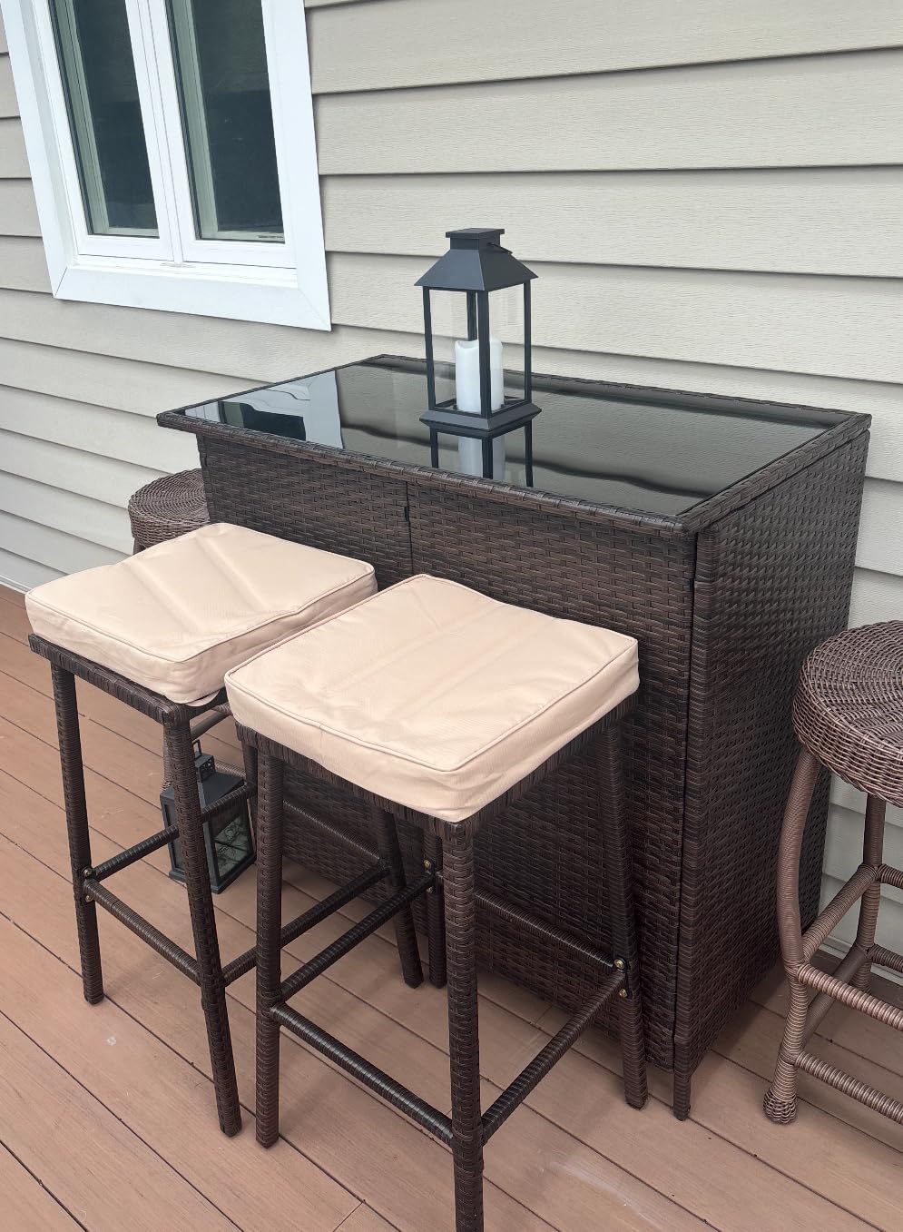 Yaheetech 3pcs Outdoor Bar Set, Patio Wicker Bar Furniture with 2 Storage Shelves, Glass Top Table, Cushions and Two Stools, Brown/Khaki customer photo 1