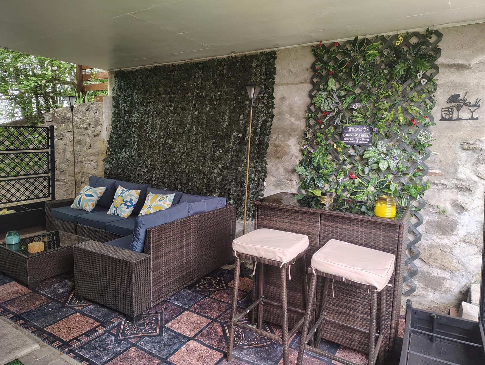 Yaheetech 3pcs Outdoor Bar Set, Patio Wicker Bar Furniture with 2 Storage Shelves, Glass Top Table, Cushions and Two Stools, Brown/Khaki customer photo 2