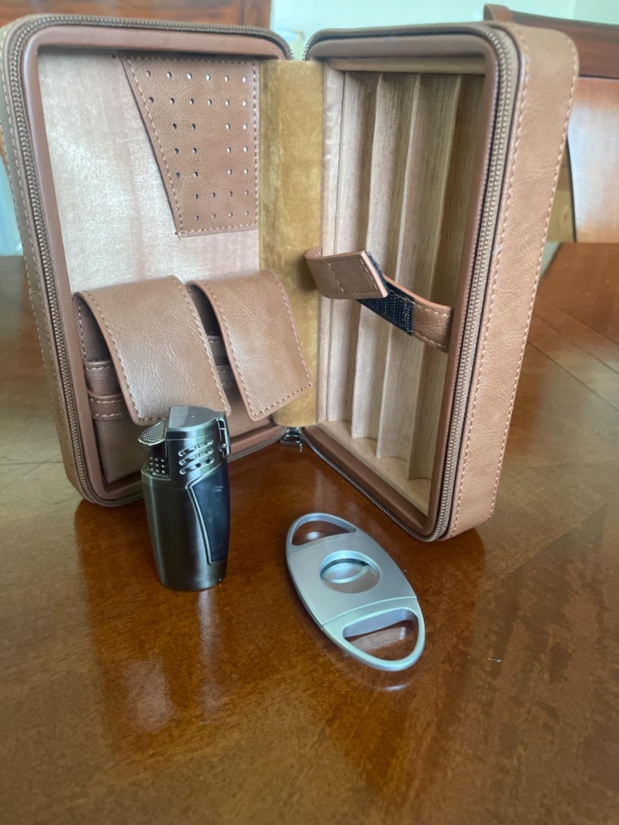 Cigar Travel Humidor, Cedar Wood Leather Cigar Case with Cigar Accessories Gift Set, Brown customer photo 2