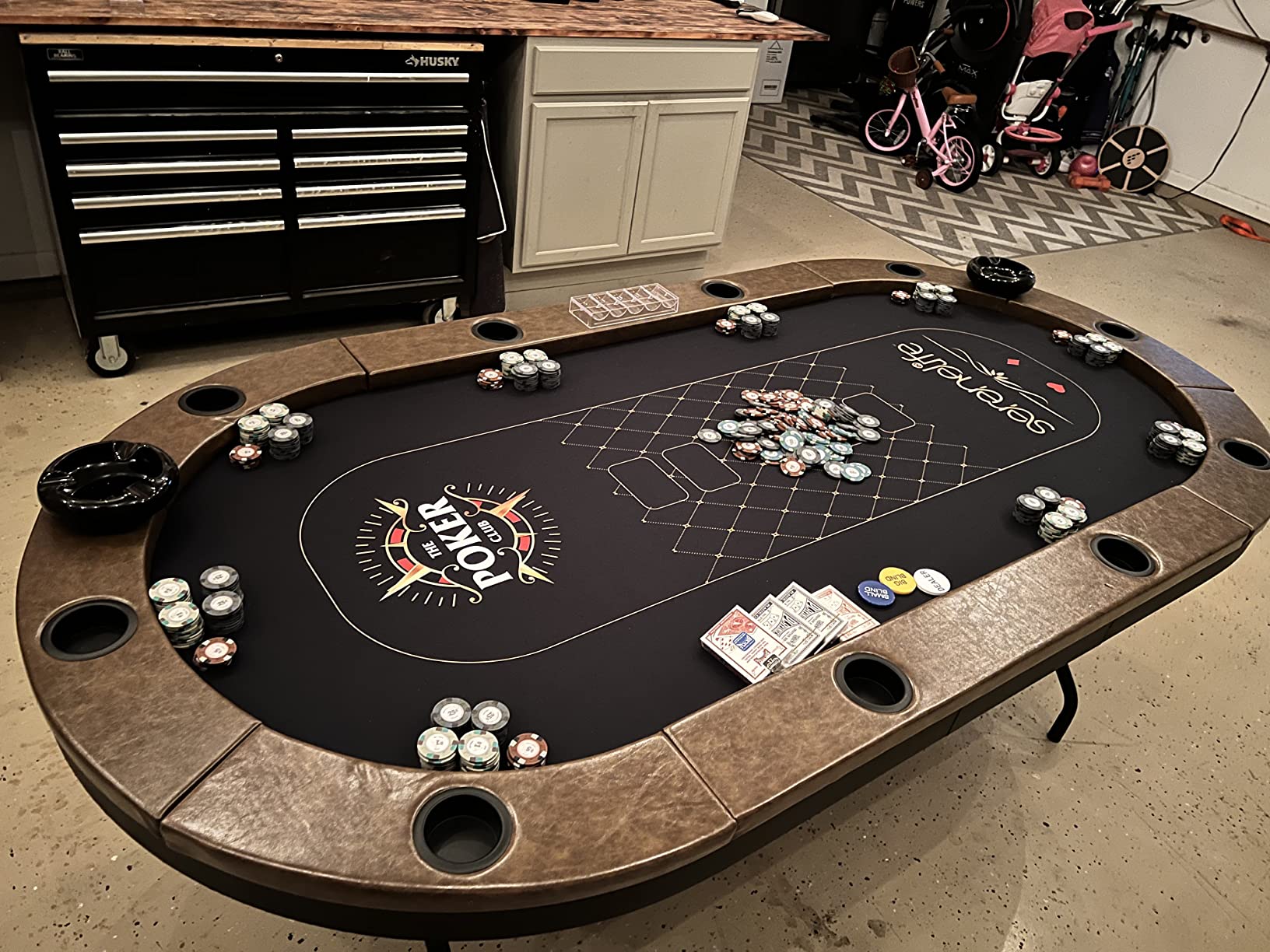 SereneLife 7ft Poker Table for 10 Players - Heavy Duty Oval Texas Hold'em Casino Table for Game Room, 25mm Reinforced Metal Legs, Durable Black PVC Rail, 10 Deep Cup Holders & Professional Layout customer photo 2