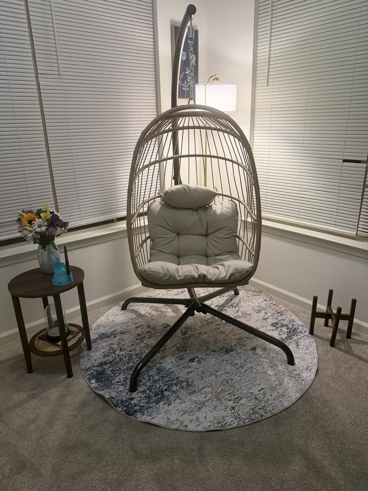 NICESOUL Hanging Egg Chair with Stand Indoor Outdoor, Comfy Patio Rattan Swing Hammock Chairs with Cushion, 350lbs Capacity Egg Shaped Chair for Lawn Backyard Balcony Bedroom, Birthday Gift, Beige customer photo 1