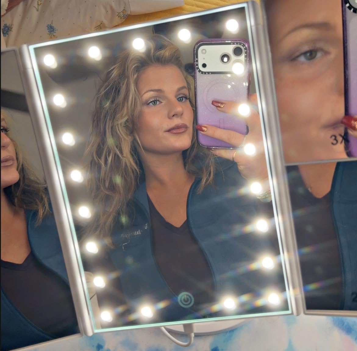HUONUL 2X/3X/10X Magnifying Vanity Mirror with Light, Trifold Makeup Mirror | Touch Dimming, Dual Power, Clear View for Makeup, Skincare customer photo 1