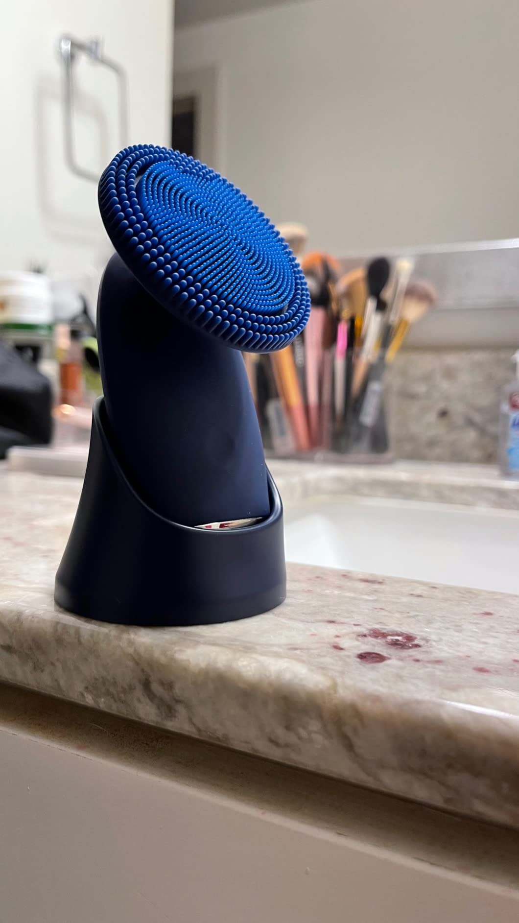 SoniGlow Silicone Face Scrubber/Facial Cleansing Brush - Electric Vibrating Skincare Scrubber Tool for Deep Pore Cleansing, Gentle Massage, Makeup Removal, Waterproof and Rechargeable (Navy) customer photo 1
