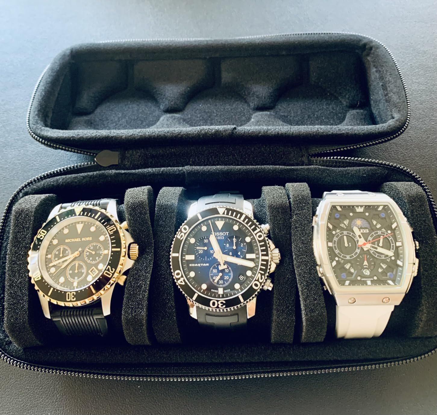 AUKURA 3 Slot Hard Watch Travel Case, Watch Roll Case Storage and Organizer for Men and Women, with anti-move watch pillow (Black fabric 3Slots) customer photo 1