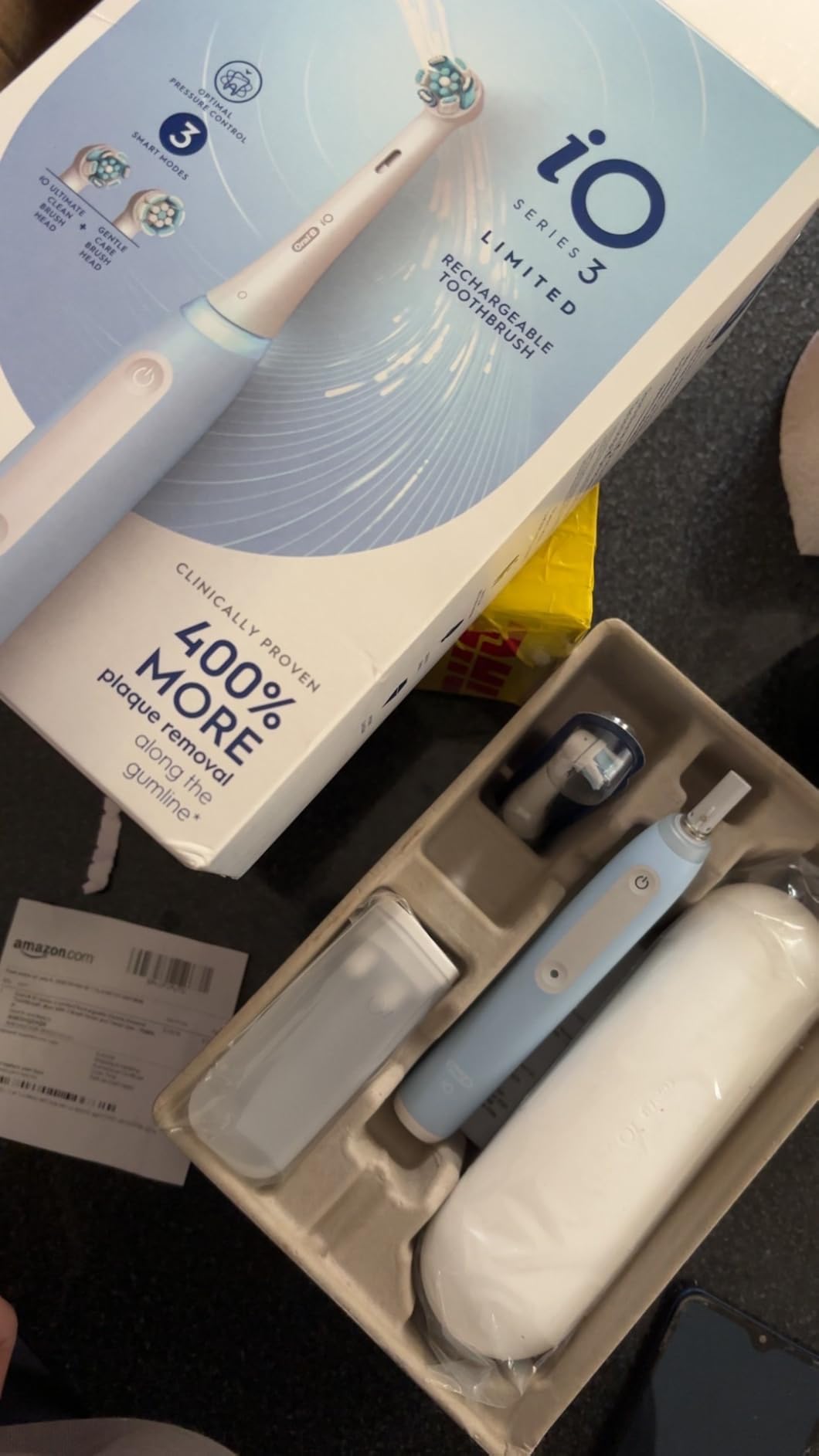 Oral-B Rechargeable Electric Toothbrush, iO3 Limited Deep Clean, 3 Cleaning Modes, Visual Pressure Sensor to Protect Gums, 2 Brush Heads, Travel Case, ICY Blue customer photo 1