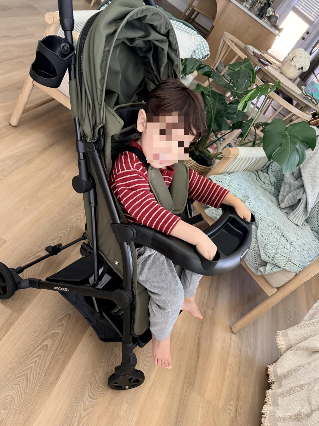 Mompush Lithe V2 Lightweight Travel Stroller Snack Tray Included - Compact baby stroller, airplane-ready, one-hand fold, mechanical recline seat, UPF 50+ canopy, travel bag & rain cover, Khaki customer photo 2