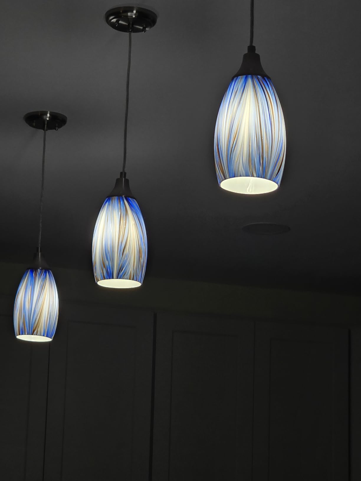 karyfine Dark Blue Glass Mini Pendant Lights for Kitchen Island 3Pack Blown Art Glass Pendant Lighting Shade Hanging Pendant Lights with Brushed Nickel Finish for Kitchen Over Sink,Dining Room customer photo 2