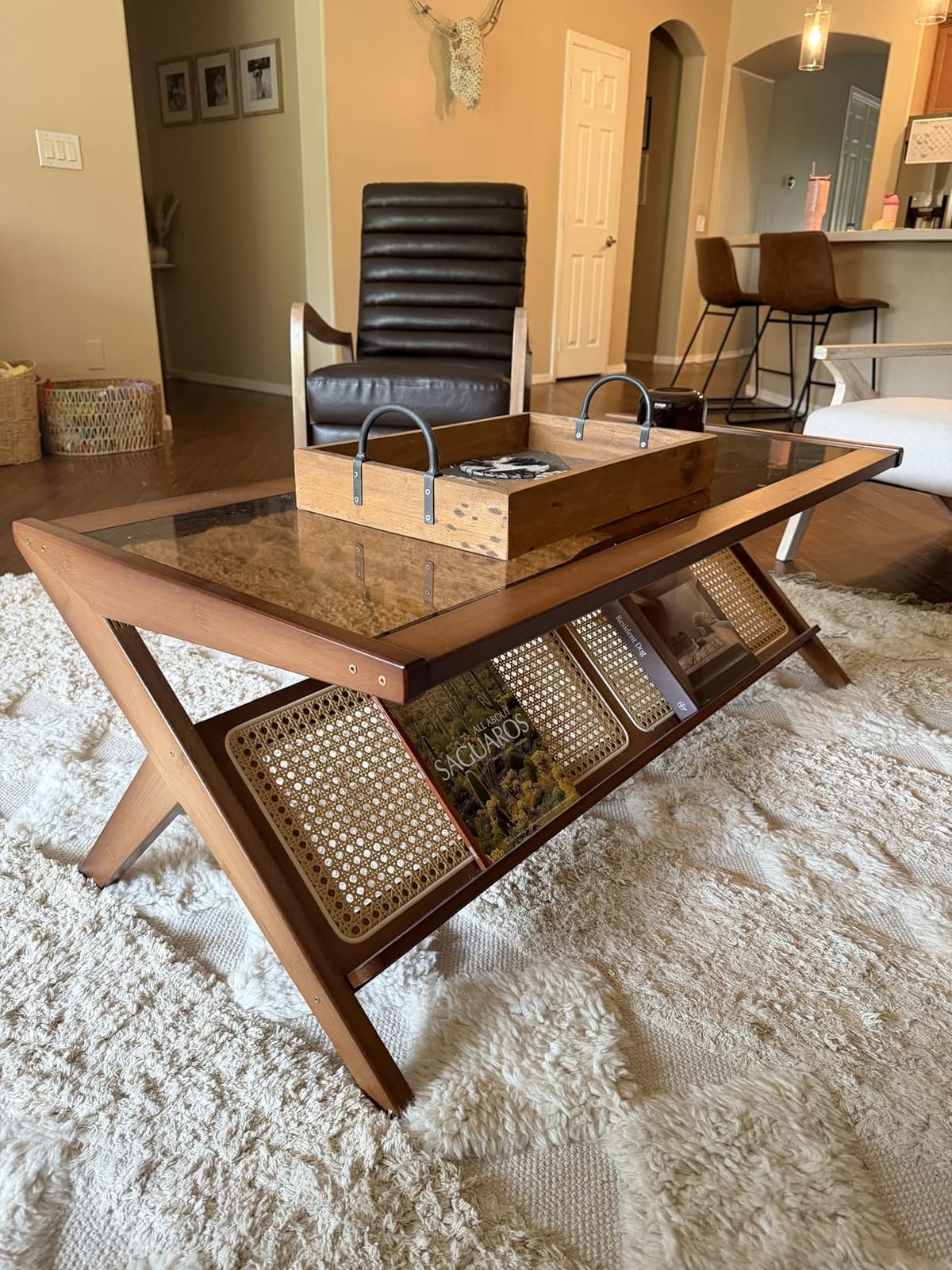 Bamworld Rattan Coffee Table with Glass Top Mid-Century Modern Center Table | with Storage for Living Room Table Brown customer photo 2