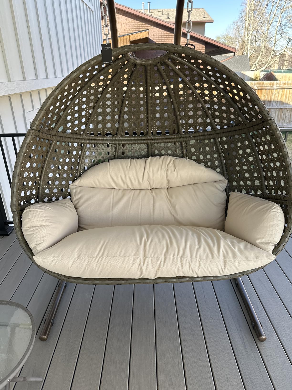 Qwork 2-Person Hanging Egg Chair with Stand, Wicker Rattan Hanging Swing Chair, Hammock Swing Chair UV Resistant Cushion with Stand for Indoor Bedroom Outdoor Garden Backyard customer photo 1