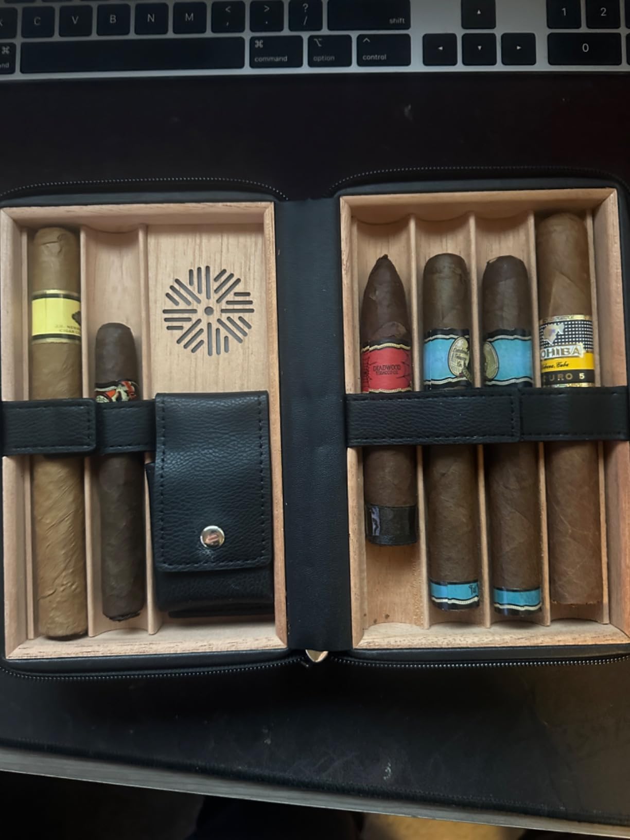 TISFA Cigar Humidor, Leather Cedar Wood Cigar Case with Cigar Lighter, V Cut Cigar Cutter, Cigar Holder 3 in 1, Portable Travel Cigar Humidor Box with Humidifier (Black) customer photo 1