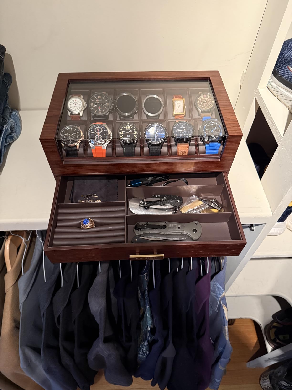 KAMIER High End Watch Box for Men, 12 Slot Wooden Watch Case With Drawer, 2-Layer Watch Holder for Jewelry and Watch Storage, Ideal for Gift (With Gift Box) customer photo 2