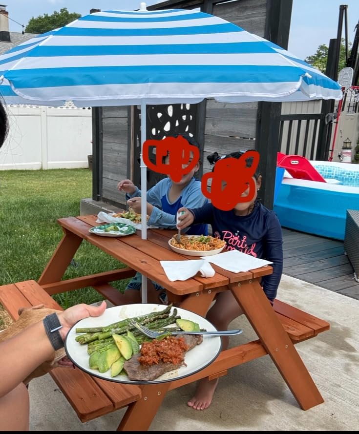 Best Choice Products Wooden Kids Picnic Table with Umbrella, Outdoor Activity Table Set with Built-in Benches, 220 lb Capacity per Bench - Aqua customer photo 1