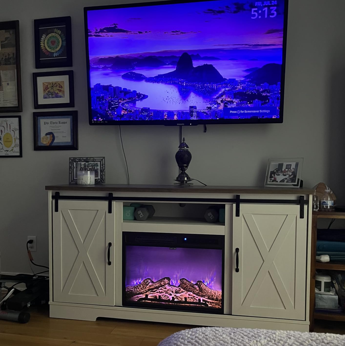 AMERLIFE Fireplace TV Stand with Sliding Barn Door for TVs up to 75