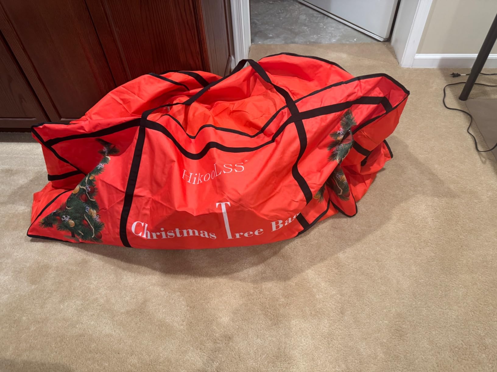 HikooLSS Christmas Tree Storage Bag 12 Ft Tall Tree Container Heavy Duty | Oxford Dual Mesh Pockets, Moistureproof, Extra Large Christmas Tree Box for Big Xmas Tree Wide Opening Red (65X23X27in) customer photo 1