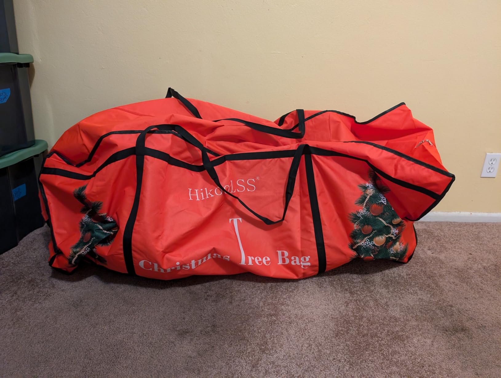 HikooLSS Christmas Tree Storage Bag 12 Ft Tall Tree Container Heavy Duty | Oxford Dual Mesh Pockets, Moistureproof, Extra Large Christmas Tree Box for Big Xmas Tree Wide Opening Red (65X23X27in) customer photo 2