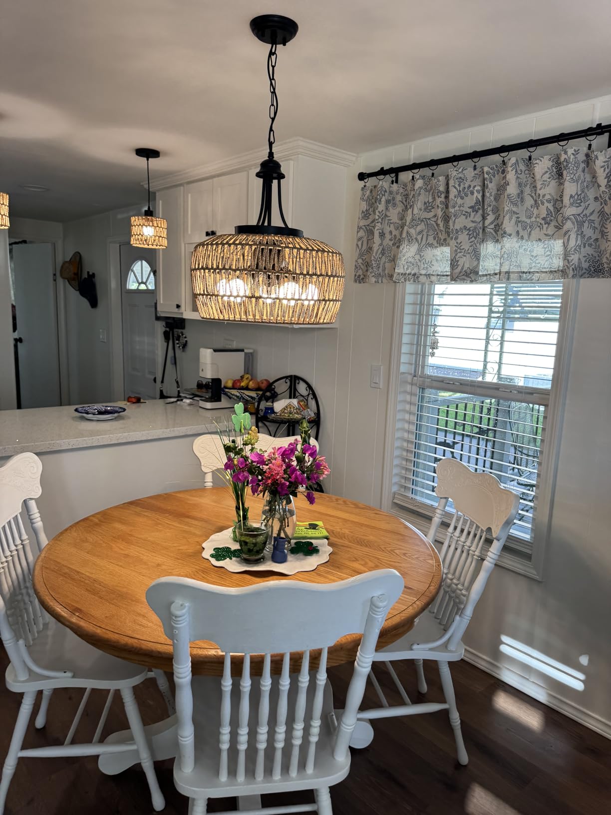 HMVPL Farmhouse Chandelier for Dining Room, 3-Light Boho Rattan Chandelier Light Fixture Ceiling Hanging with Woven Lampshade, Small Wicker Coastal Pendant Light for Kitchen Bedroom Island Hallway customer photo 1