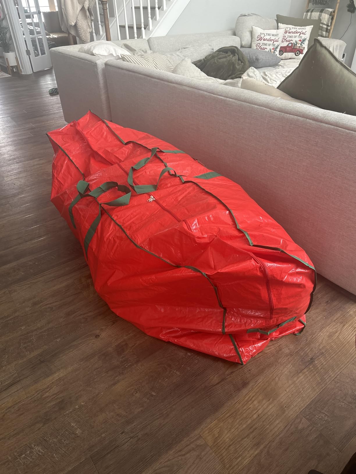 Christmas Tree Storage Bag - Stores 9 Foot Artificial Xmas Holiday Tree, Durable Waterproof Material, Zippered Bag, Carry Handles - Protects Against Dust, Insects and Moisture (Red Printed) customer photo 1