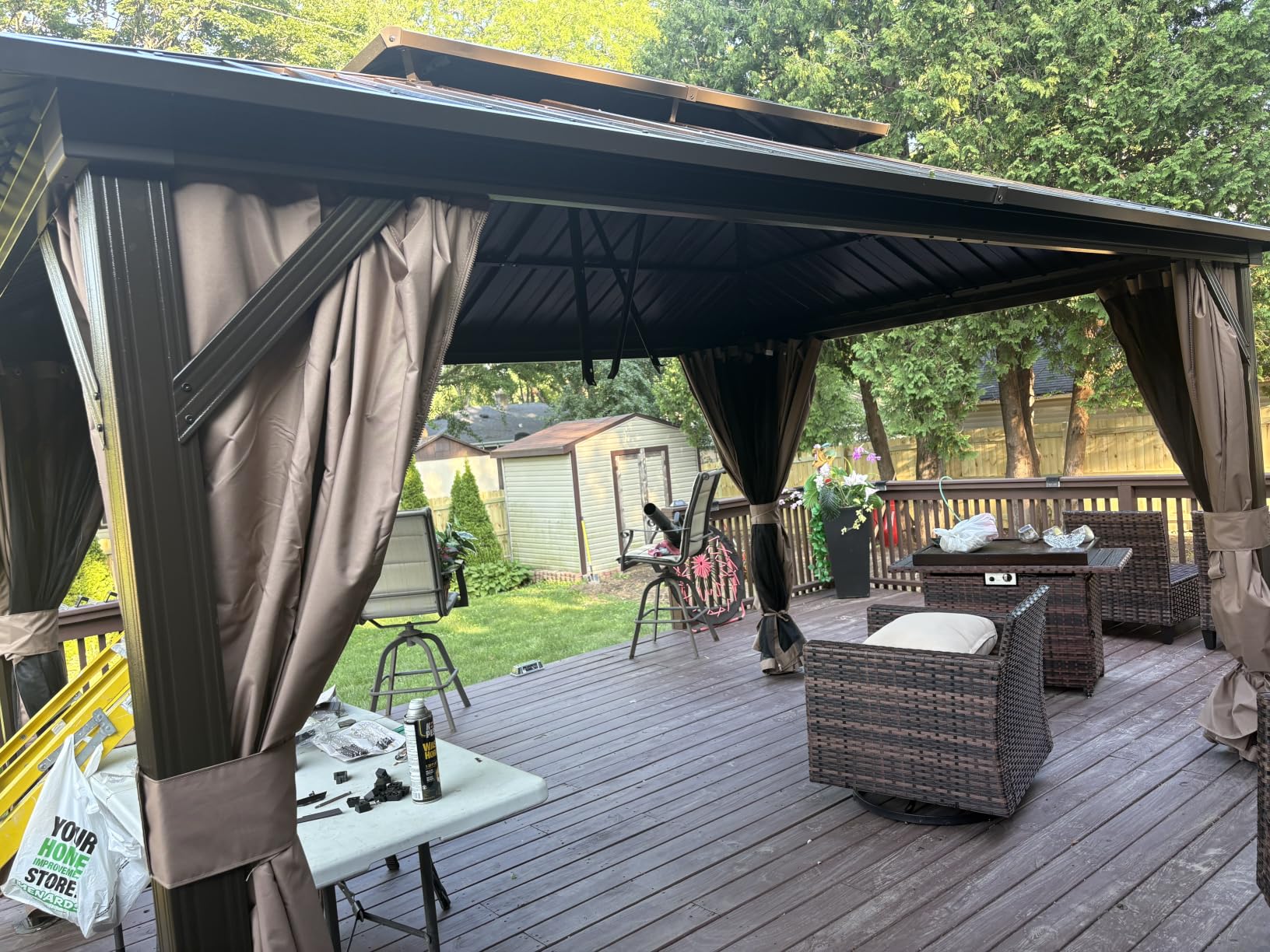 Domi 10x12 Outdoor Hardtop Gazebo, Metal Gazebo for Patios, Brown | 4'' Thick Posts, Galvanized Steel Double Roof, Heavy Duty Curtains and Netting Included, Pergola for Backyard, Deck, Lawn customer photo 1