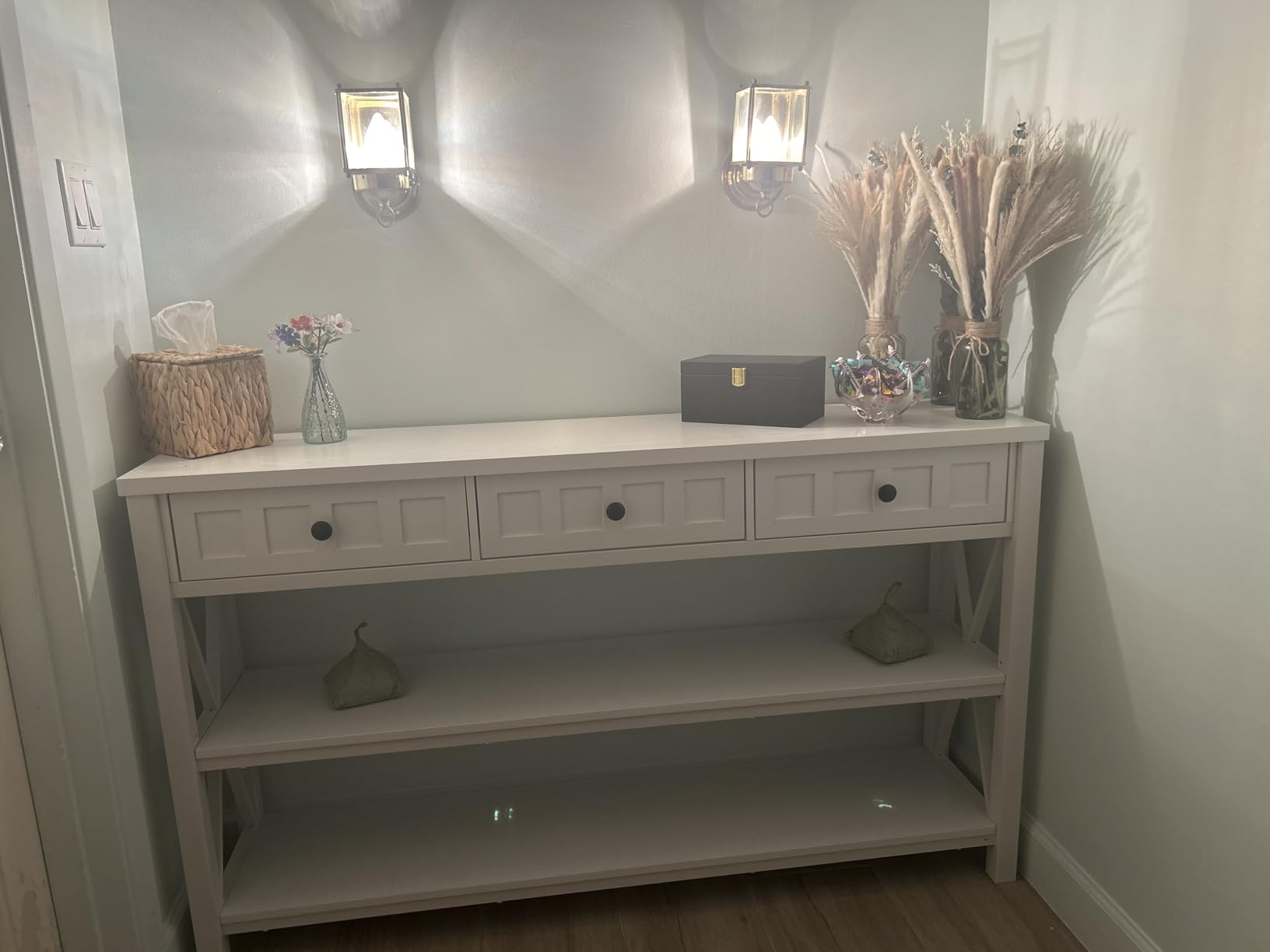 FATORRI Console Table for Entryway, Wood and Metal Sofa Table with 3 Drawers, Farmhouse Hallway Table, 54.72 Inch Long, White Oak customer photo 2
