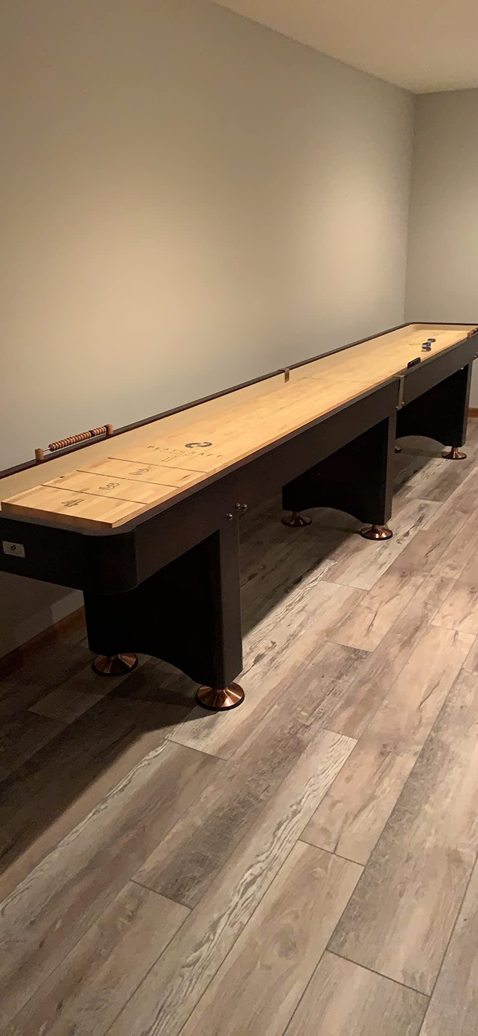 Playcraft Georgetown Shuffleboard Table with Storage Cabinet - Shuffle Board Game Table with Matching Abacus, 8 Pucks, Brush & Wax - Pro Climate Adjusters - Hand-Stained Burnished Finish customer photo 2