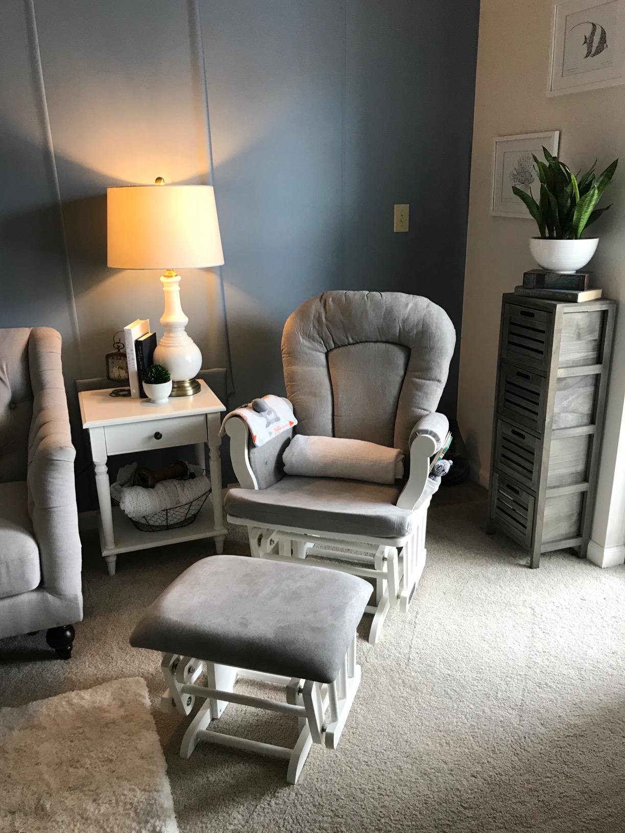 Cozy Glider Rocker and Ottoman Set, Smooth Quiet Gliding Motion, Padded Cushion with Convenient Storage Pockets, Solid Wood Base & Frame (Matte White with Gray Cushion) customer photo 2