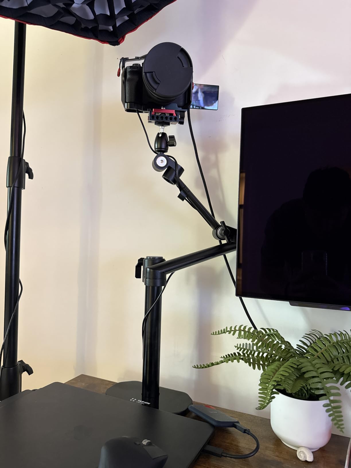 TARION Camera Desk Mount Overhead DSLR Arm Stand Titanrig Lite Z | Double C Clamp, 17.6 lbs Load Capacity, Extra Tablet Holder, 1/4