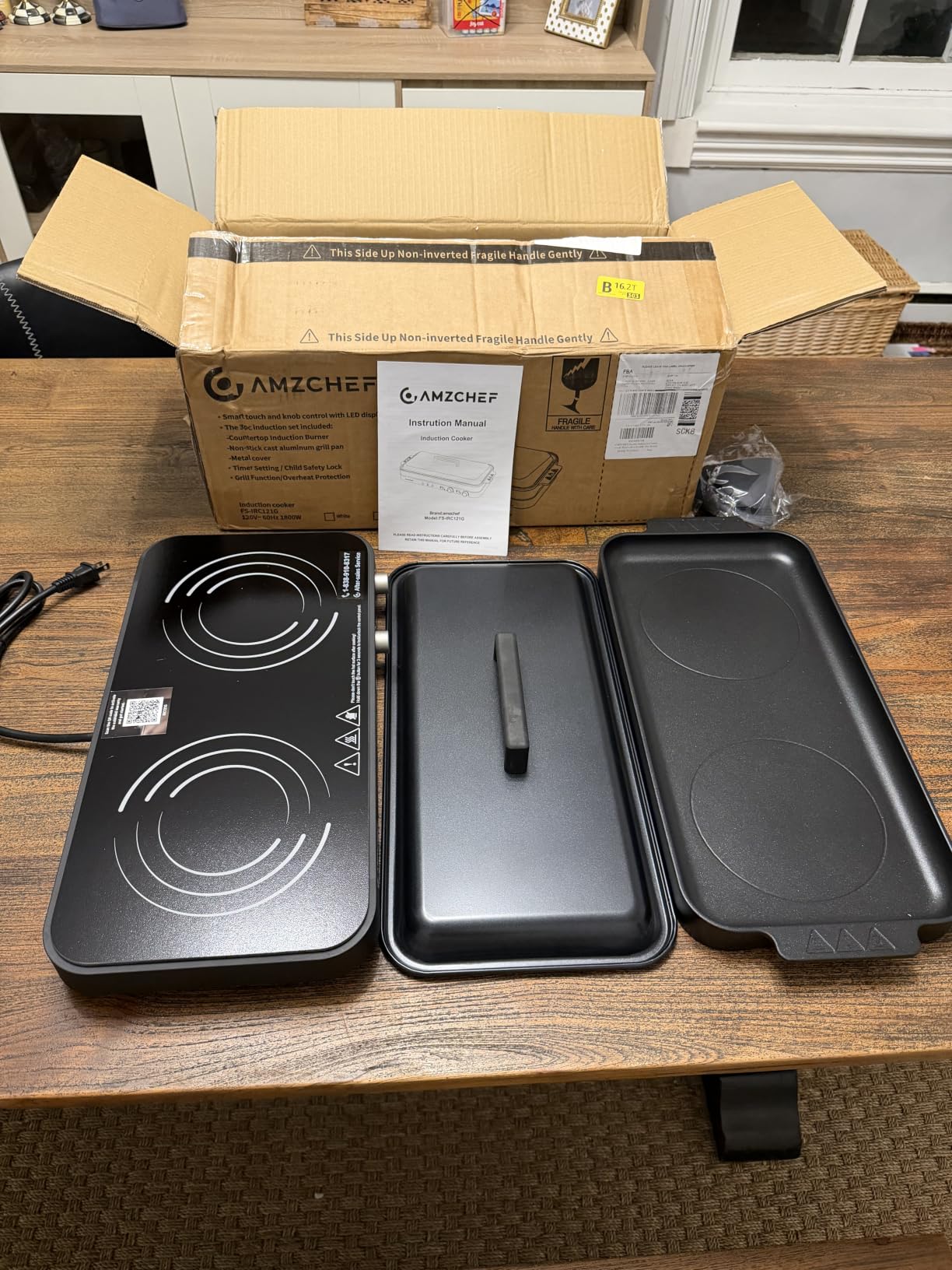 AMZCHEF Double Induction Cooktop, 1800W 2 Burner with Griddle Pan, Grey | non-stick removable griddle pan; ceramic glass surface; 2 independent cooking zones; 9 power levels; 99-min timer; child lock customer photo 2