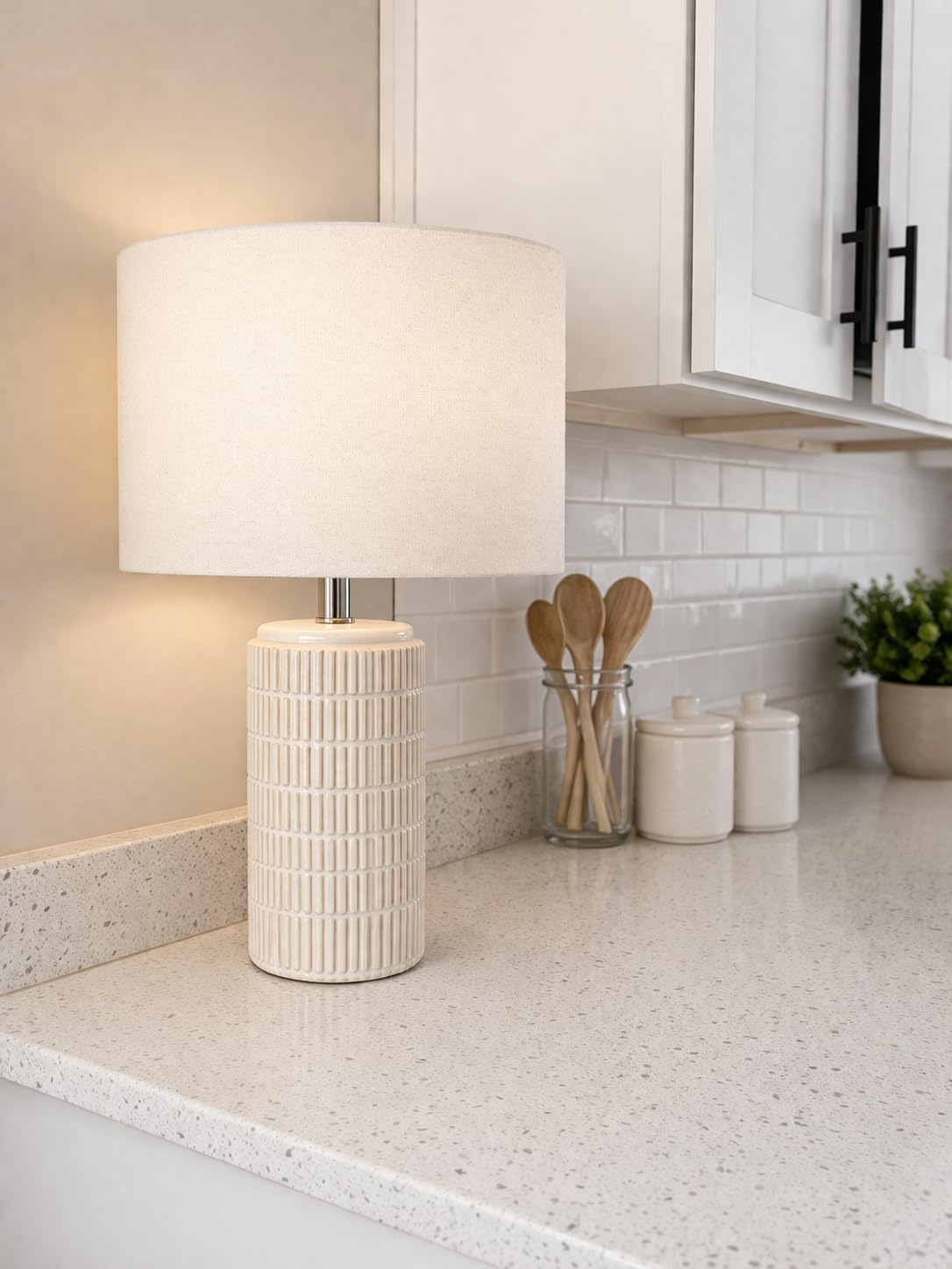 PoKat 23'' Bedside Table Lamp for Bedroom Nightstands, Modern Ceramic Decor | White Desk Lamp, Nickel Pole, House Warming & Birthday Gifts, for Women Mom, Ideal Table Light for End Table & Living Room customer photo 2