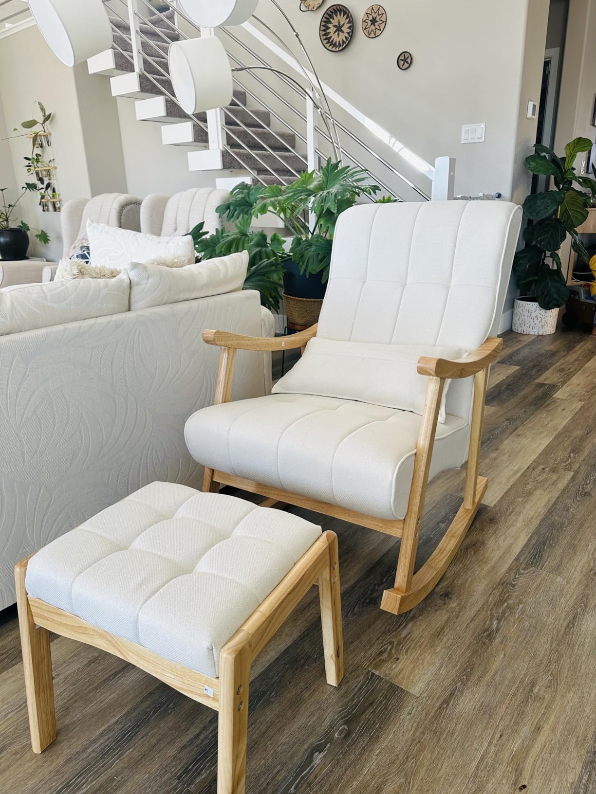 NOBLEMOOD Upholstered Rocking Chair with Ottoman, Solid Wood Frame | Modern Nursery Glider Rocker Chair with Side Pocket, Linen High Back Accent Chair with Padded Seat for Living Room Bedroom customer photo 1