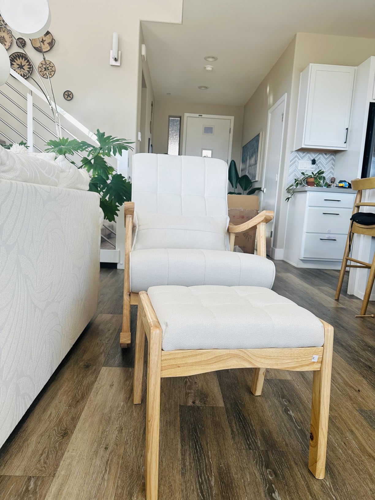 NOBLEMOOD Upholstered Rocking Chair with Ottoman, Solid Wood Frame | Modern Nursery Glider Rocker Chair with Side Pocket, Linen High Back Accent Chair with Padded Seat for Living Room Bedroom customer photo 2