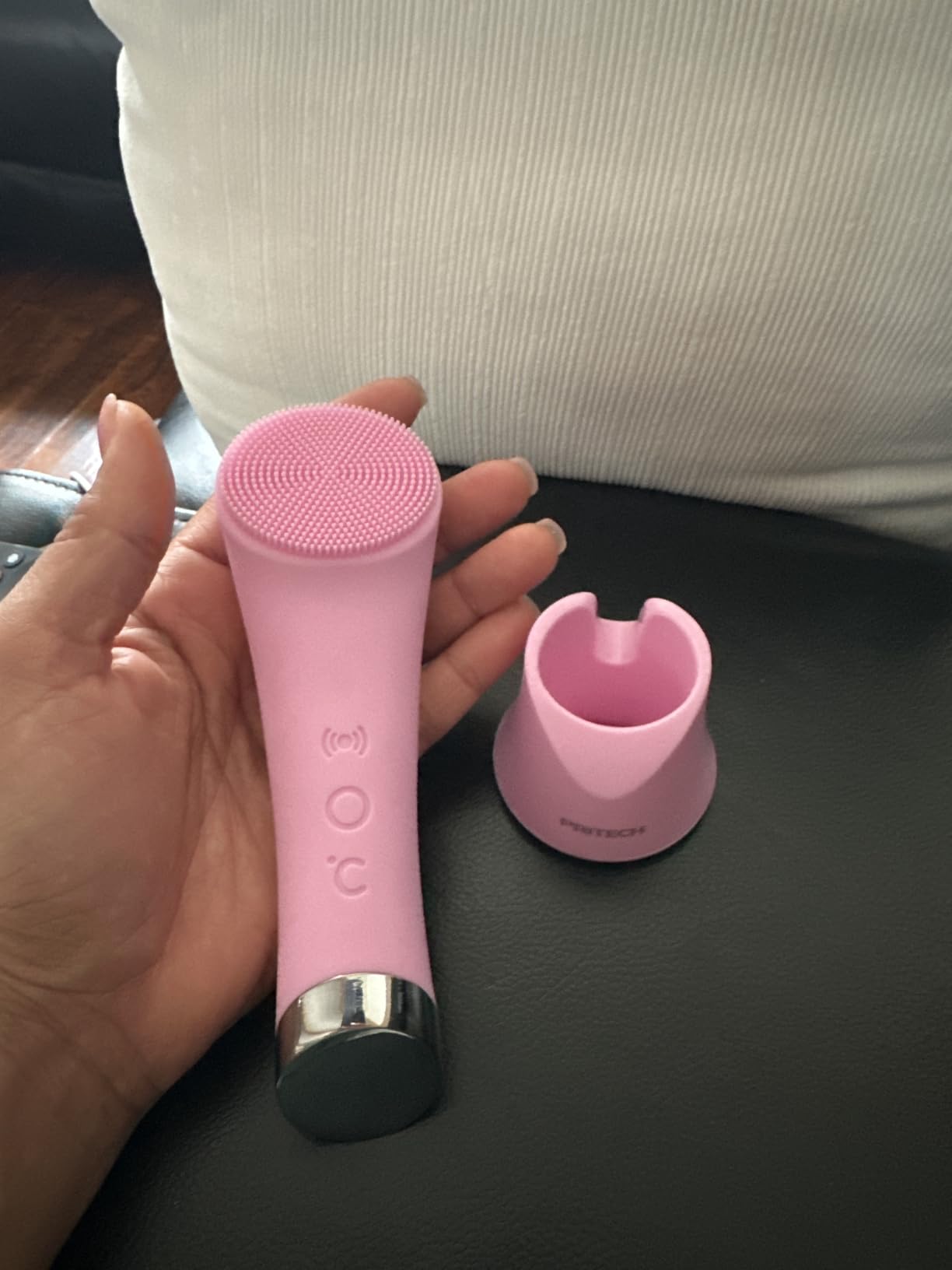 PRITECH Facial Cleansing Brush, Rechargeable Silicone Face Scrubber with Heat Massage End, Vibrating Exfoliator Scrubber for Deep Cleaning, Waterproof Face Brush for Women and Men (Pink) customer photo 1