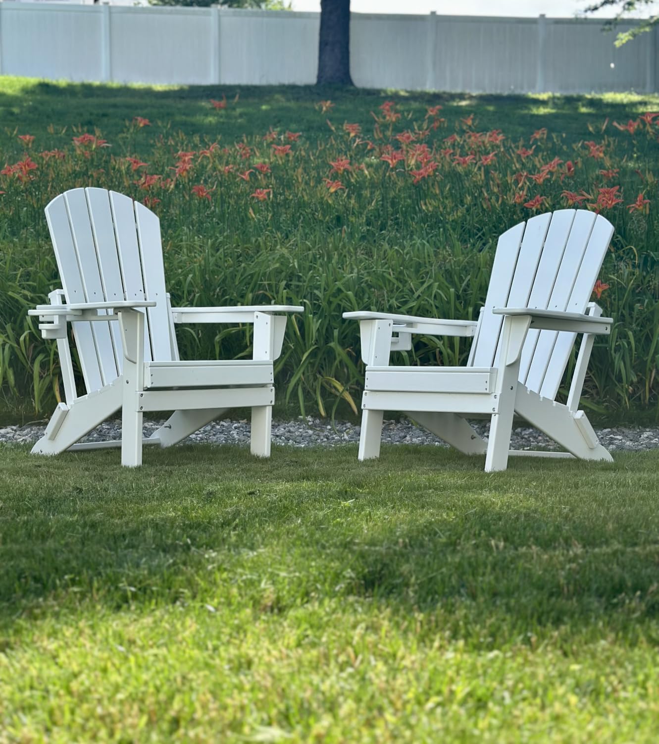 Plawdlik Folding Adirondack Chair Set of 4, Cup Holder,Wooden Textured ,Heavy All-Weather HDPE Comfortable Set Poolside Backyard Lawn Black customer photo 1