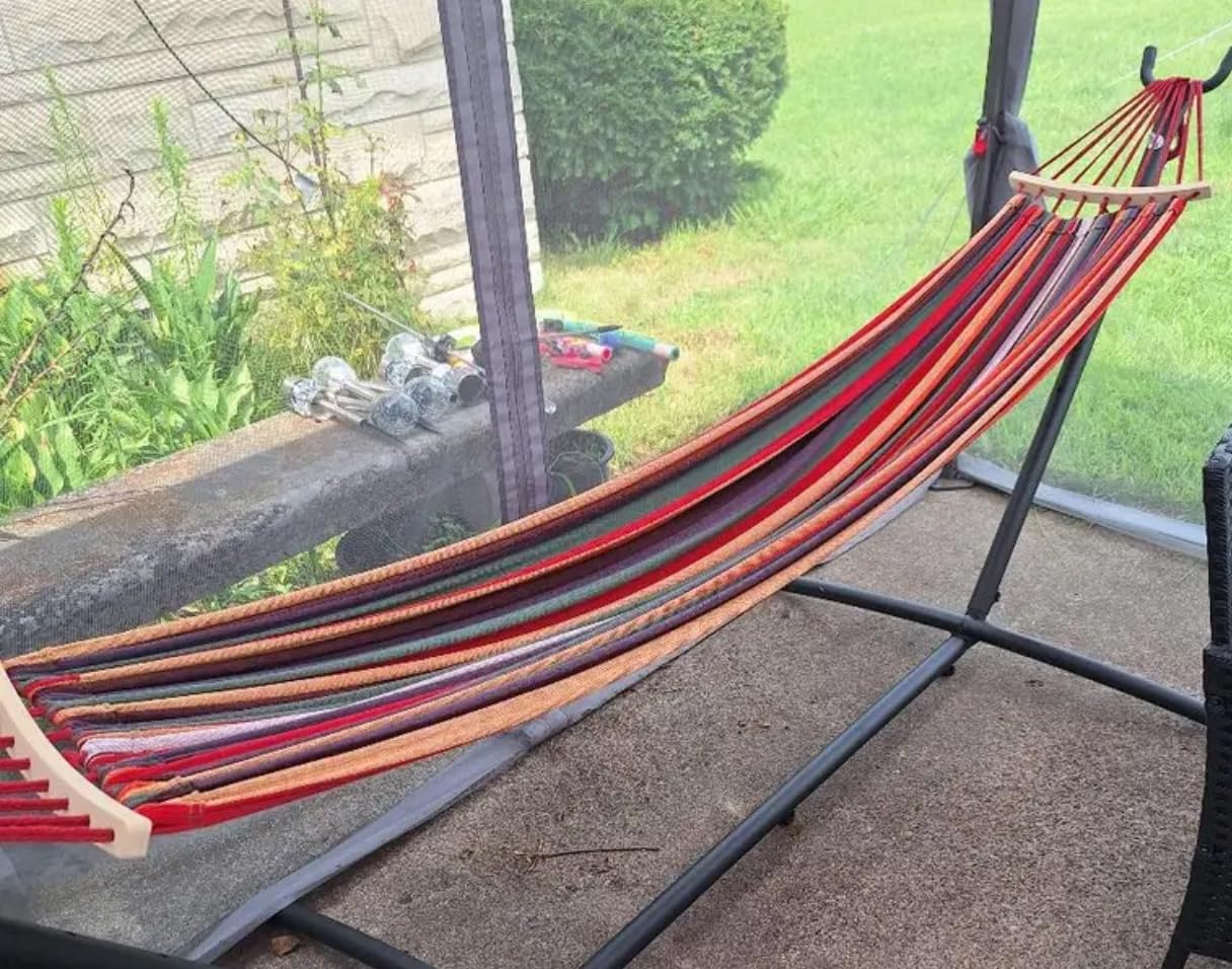 Everyfun Double Hammock with Stand, 2 Person Heavy Duty Hammock with Steel Stand, 600 lbs Capacity Cotton Hammock for Outdoor Indoor Patio Yard, Portable with Carrying Bag, Tool-Free 10-Min Assembly customer photo 1