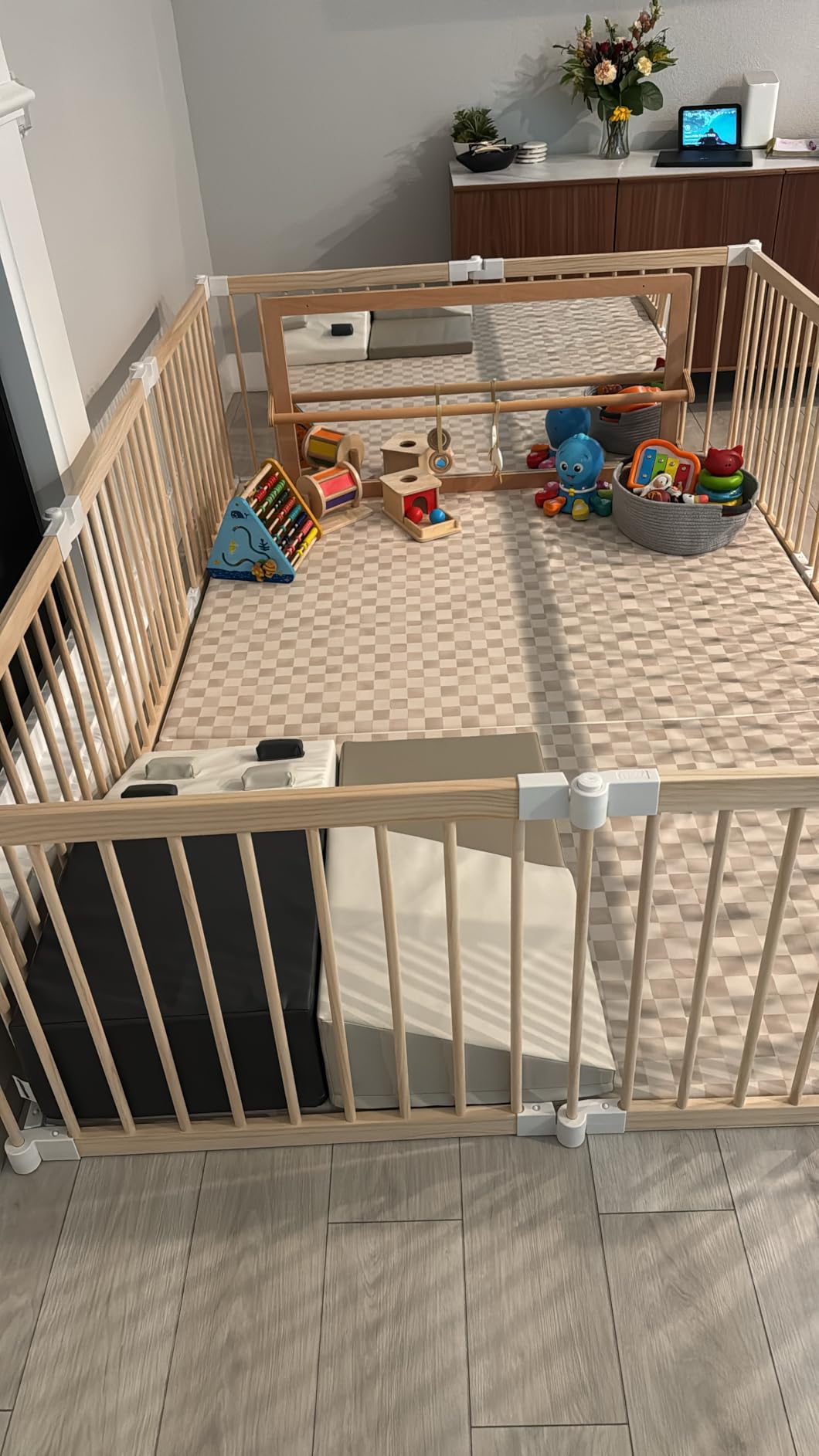 Foldable Wooden Baby Playpen Large Play Yard for Babies, 2-in-1 New Mom Helper Portable Fence, 25