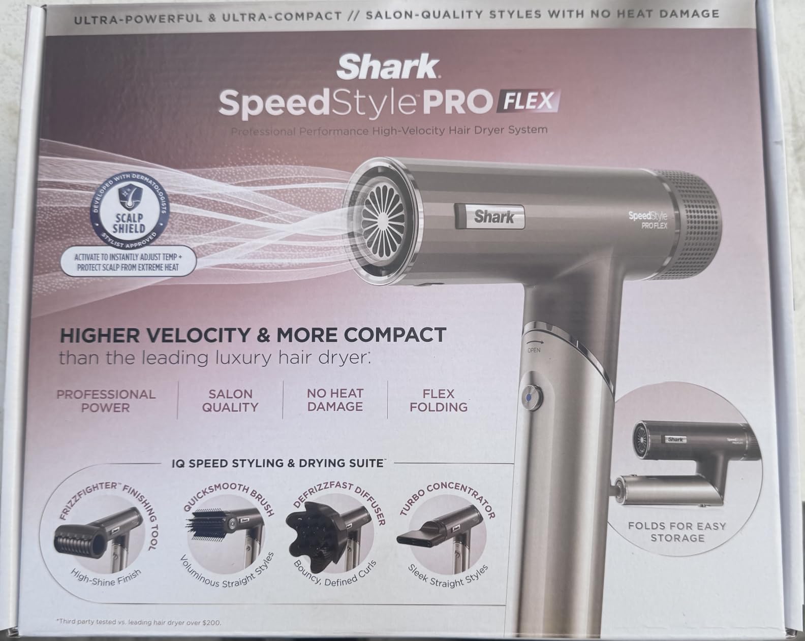 Shark SpeedStyle Pro Flex High-Velocity Dryer, Scalp Shield, HD542 | Foldable, Compact, 0-100 MPH Airflow, Turbo Concentrator & Diffuser Included, High-Gloss Shine customer photo 2