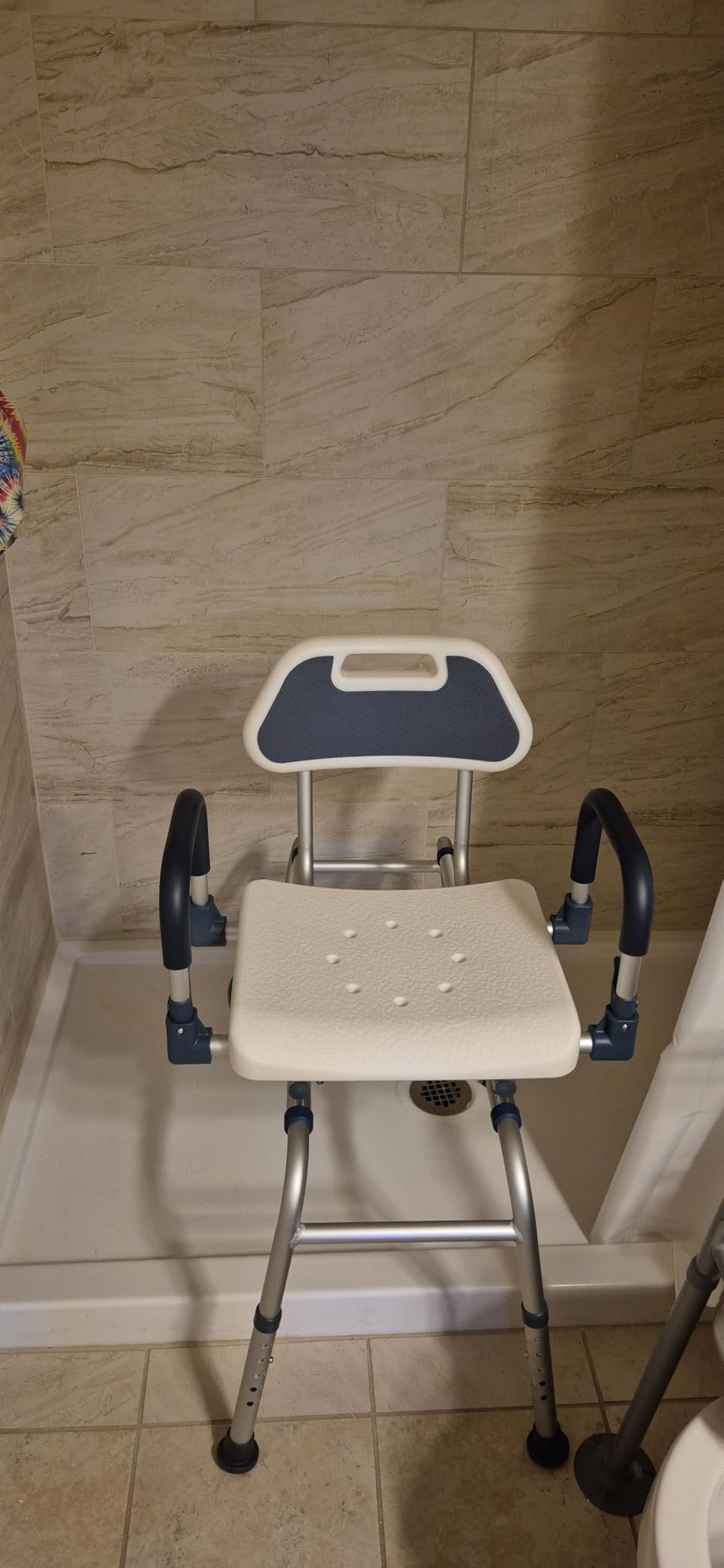 Sliding Shower Chair Tub Transfer Bench with Swivel Seat, Shower Bench for Elderly and Disabled, with Security Belt, 360 Rotation, Slides and Rotates, Adjustable, one Touch Slide Button, Dark Blue customer photo 1