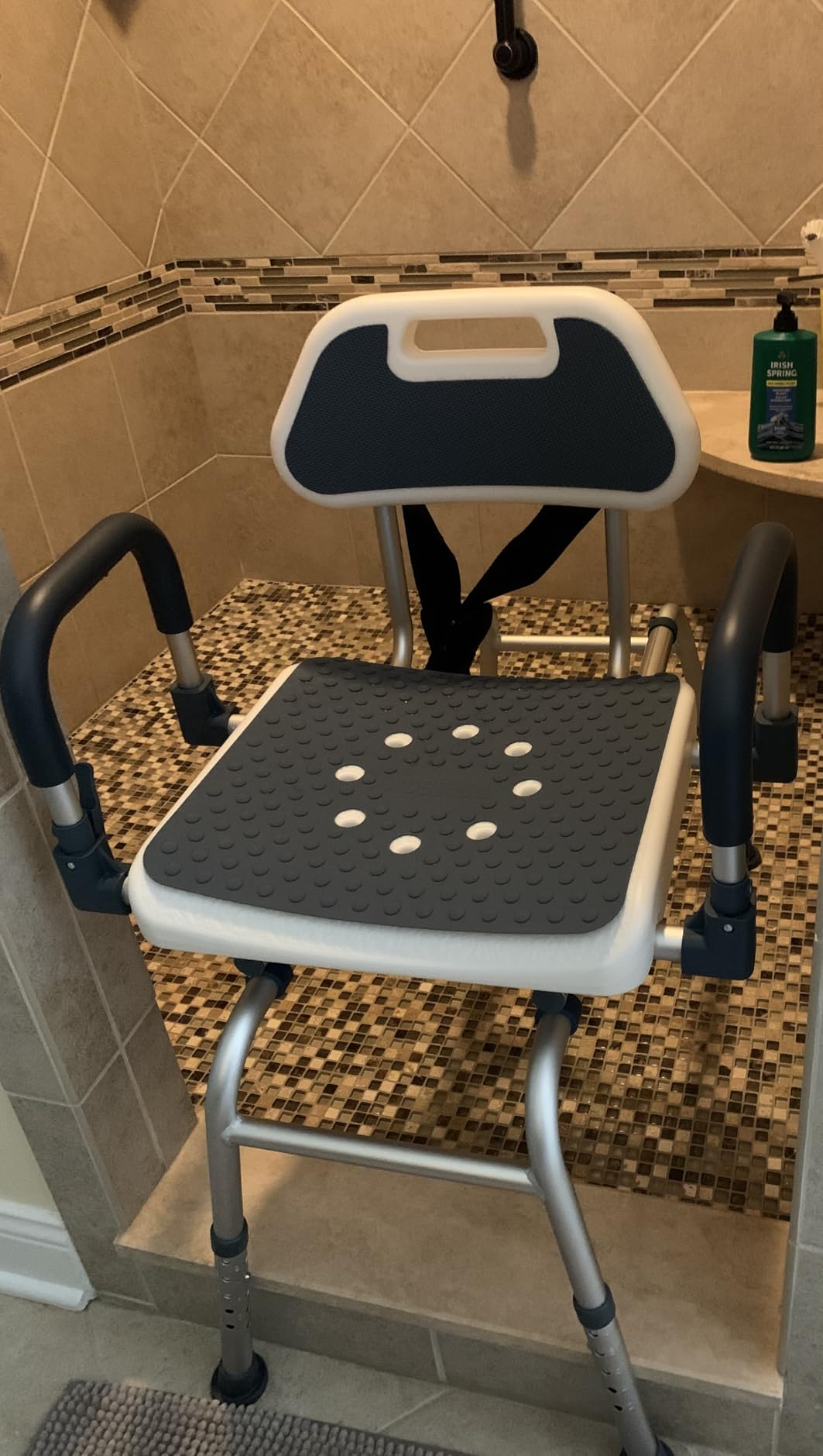 Sliding Shower Chair Tub Transfer Bench with Swivel Seat, Shower Bench for Elderly and Disabled, with Security Belt, 360 Rotation, Slides and Rotates, Adjustable, one Touch Slide Button, Dark Blue customer photo 2