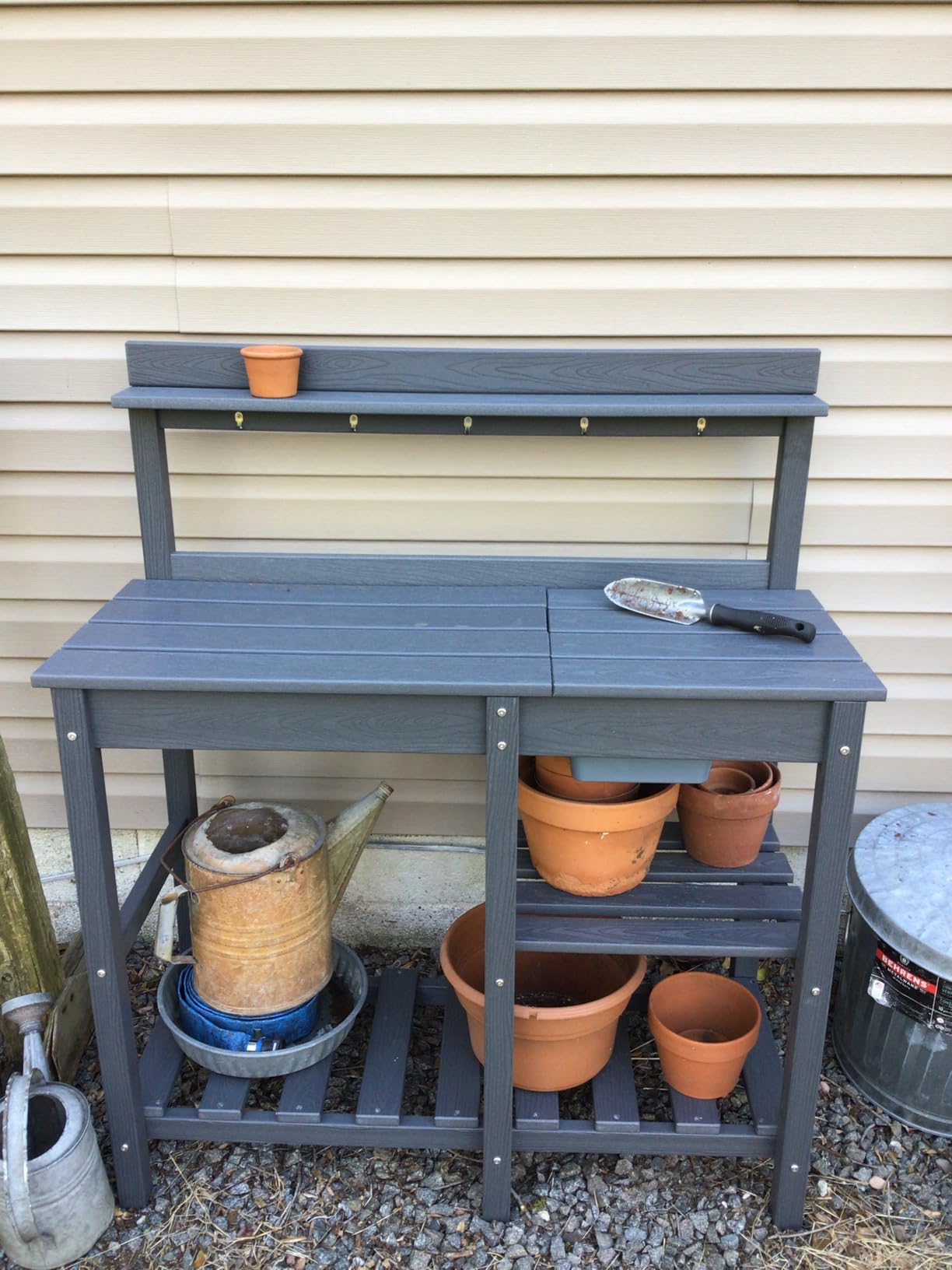 SERWALL Outdoor Potting Bench with Removable Sink, Gardening Table, Brown - Waterproof HDPE Structure, Expandable Tabletop customer photo 2