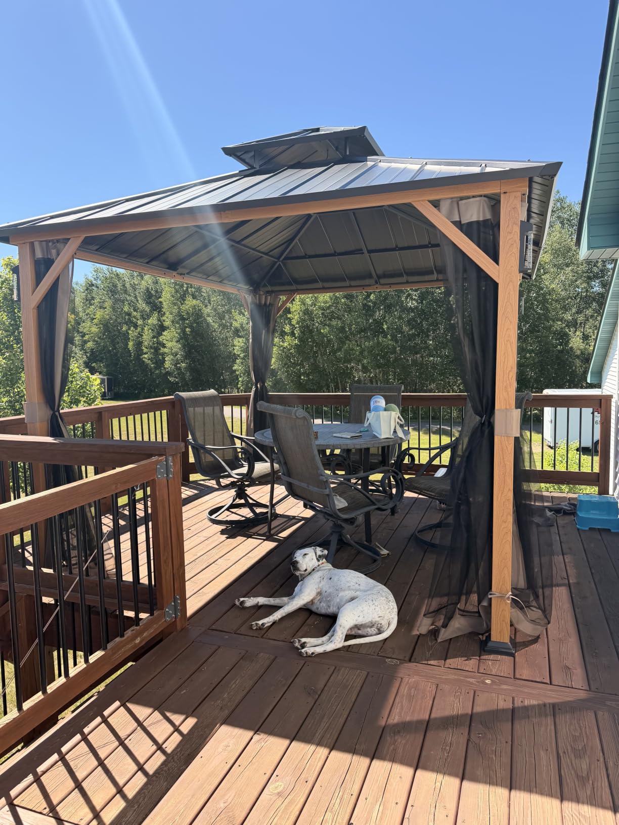 Modern Shade Hardtop Gazebo 12x12 with 4 LED Lights for Backyard Wood Grain | Hard Top Gazebo with Galvanized Steel Double Roof, All-Weather Metal Gazebo with Sturdy Hooks, Mosquito Net customer photo 1